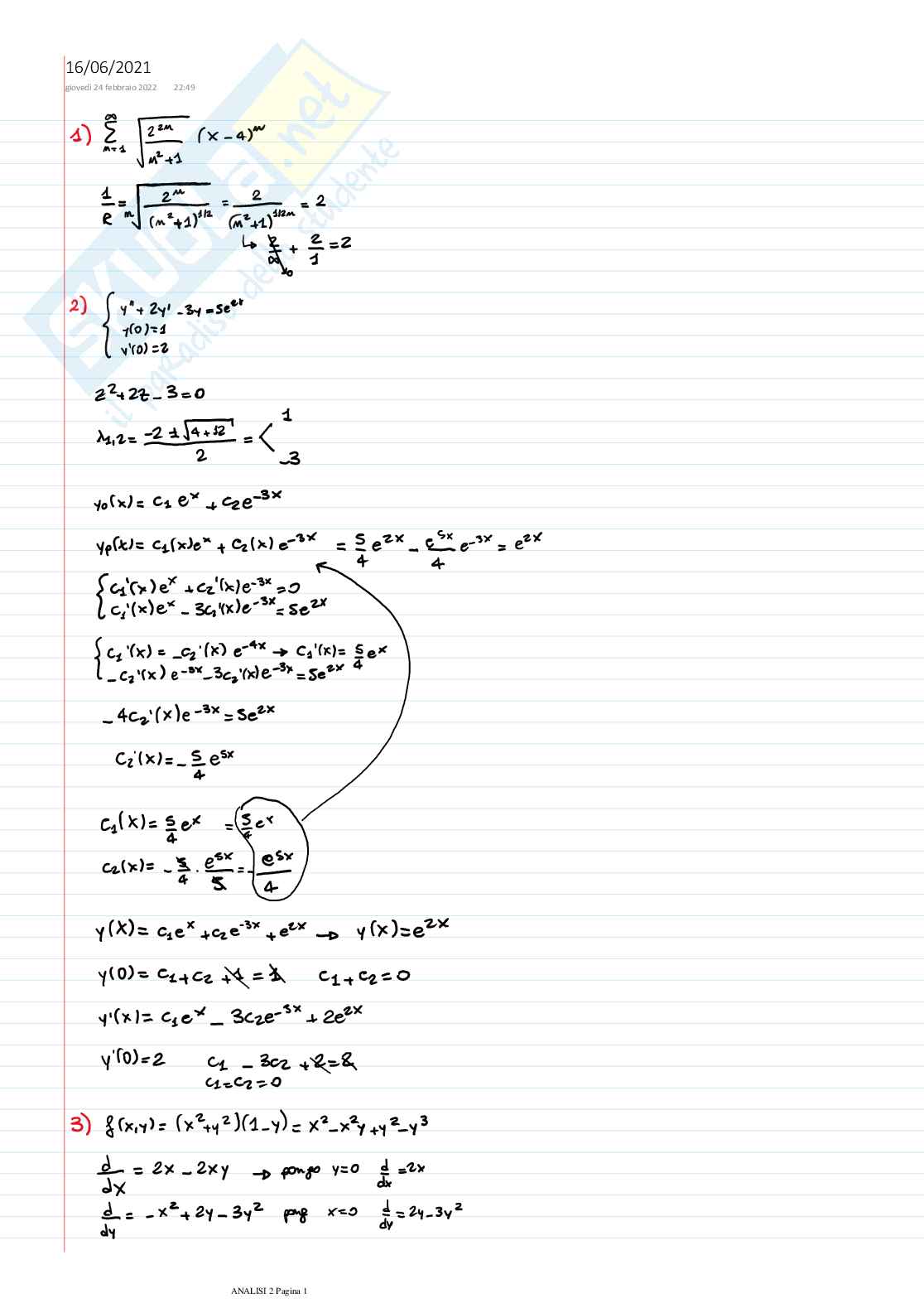 Esempi soluzioni esami Analisi matematica Pag. 1