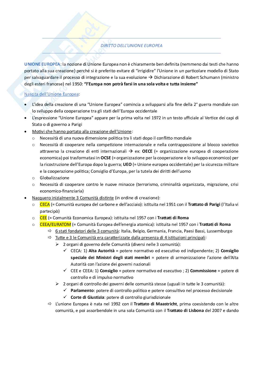 Diritto dell'Unione europea - Appunti completi per la preparazione dell'esame Pag. 1