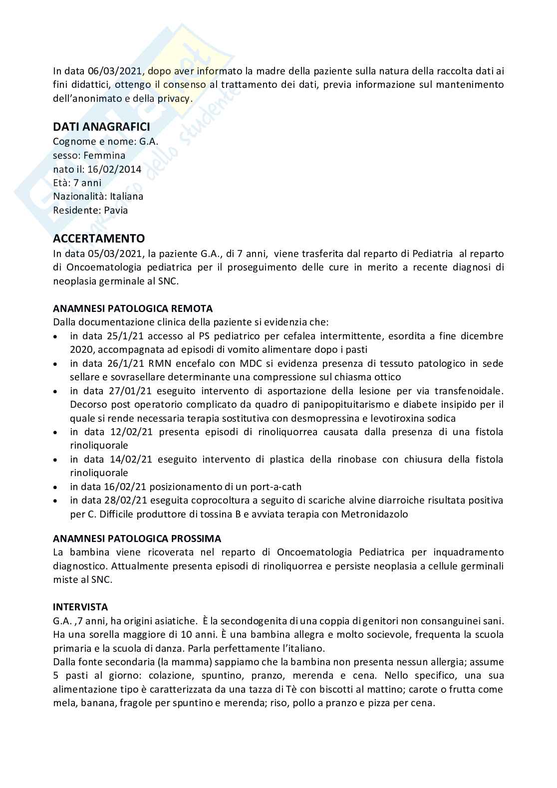 Analisi di una situazione di cura in ambito oncoematologia pediatrica - Tirocinio Pag. 1