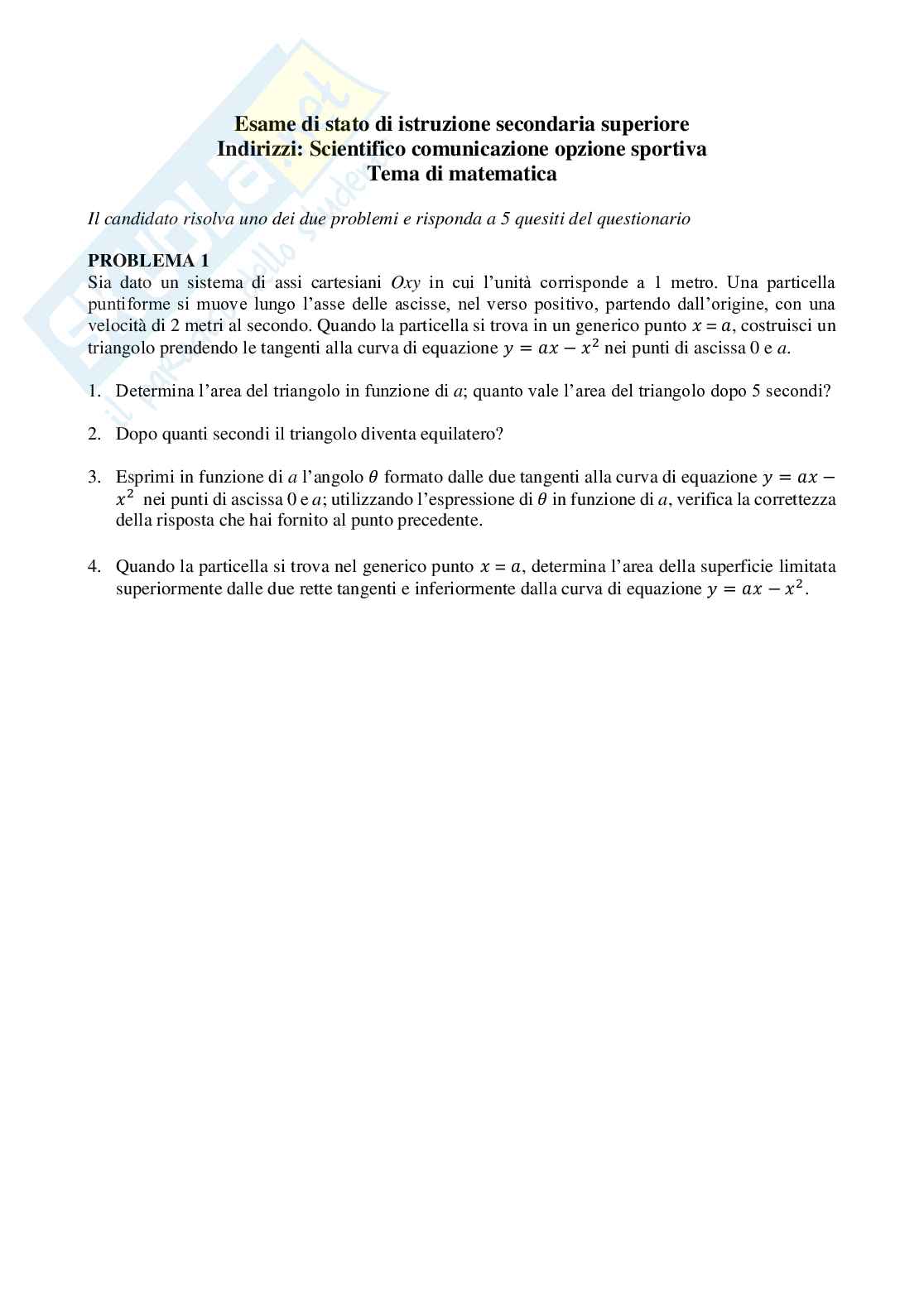 2018 Tema di matematica, sessione suppletiva (indirizzi: scientifico comunicazione opzione sportiva) Pag. 1