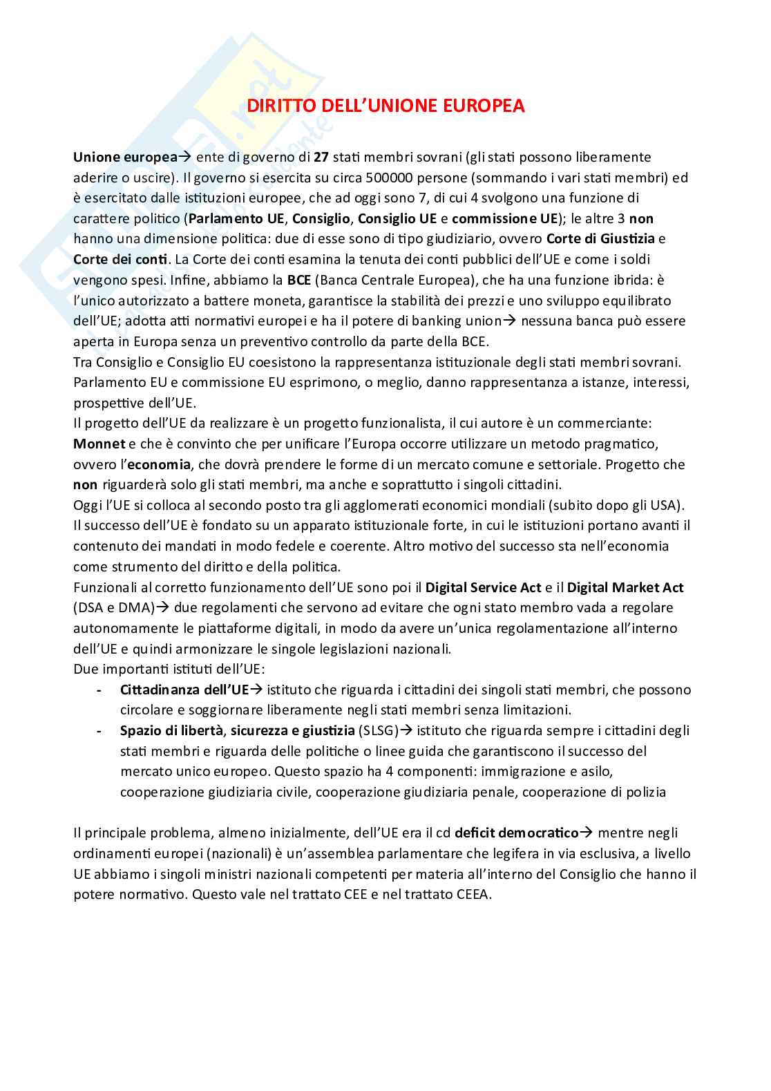 Appunti presi a lezione per l'esame di Diritto dell'Unione Europea ed integrati con il manuale Diritto dell'Unione Europea - Ottava edizione, Luigi Daniele Pag. 1