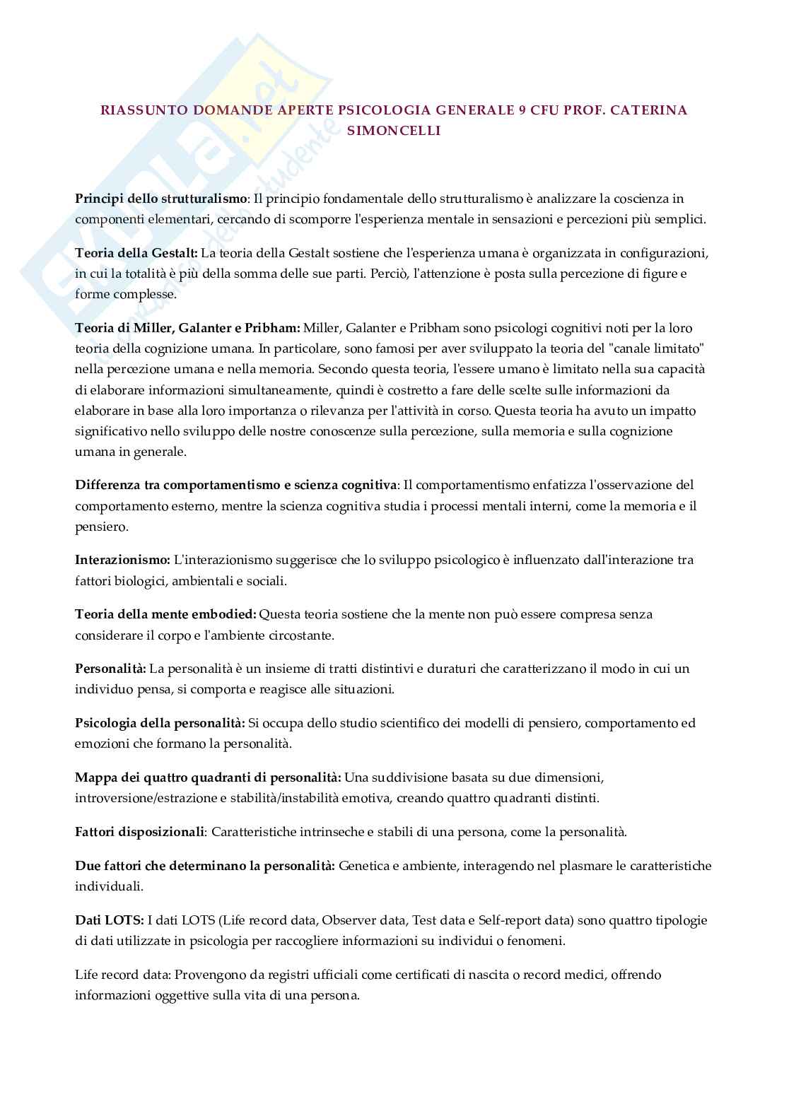 Domande aperte Psicologia generale Pag. 1