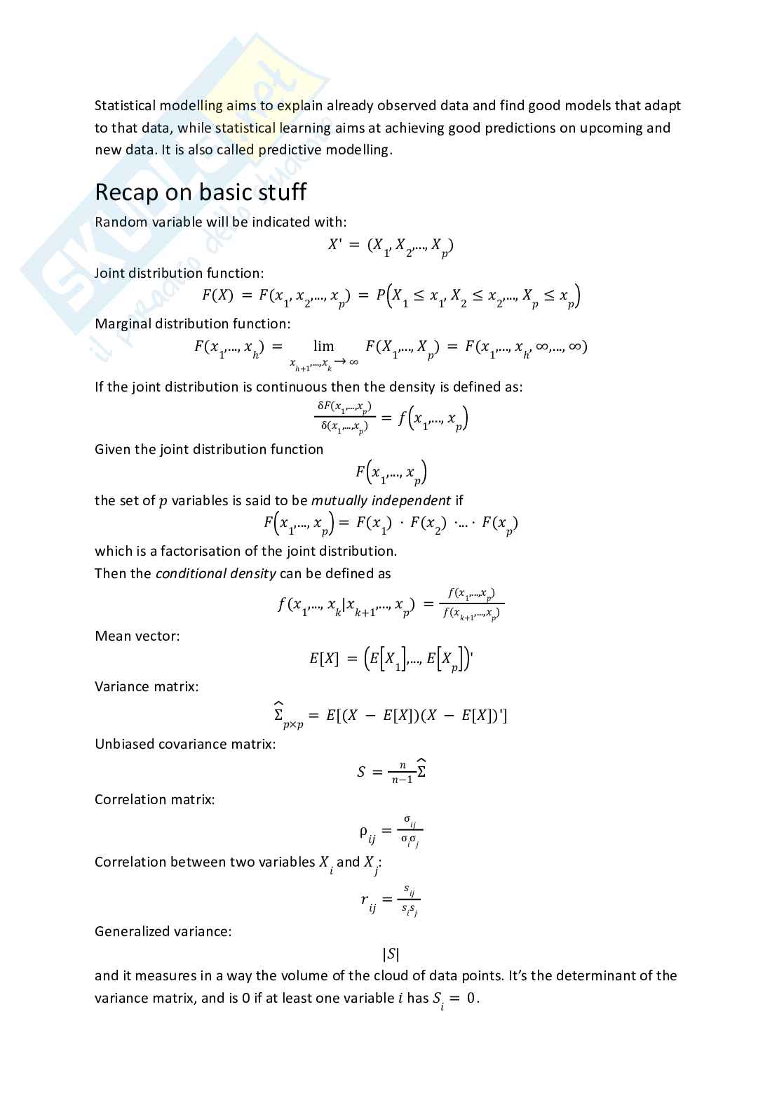 Riassunto esame Multivariate analysis and statistical learning, Prof. Merlini Stefano, libro consigliato An introduction to statistical learning (Second edition). New York: Springer., James, G., Witten, D., Hastie, T., & Tibshirani, R Pag. 2