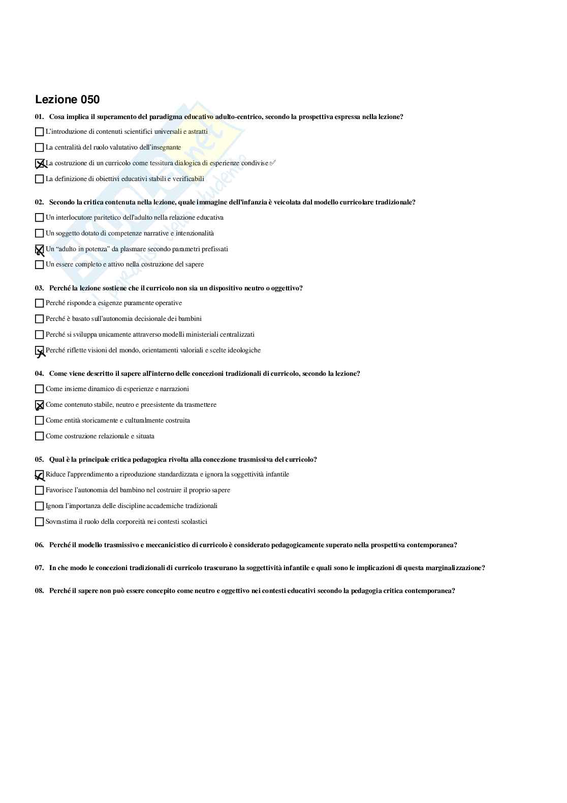 Paniere Fondamenti pedagogici per l'infanzia 0-3 anni - Risposte multiple - aggiornato (2026) Pag. 51