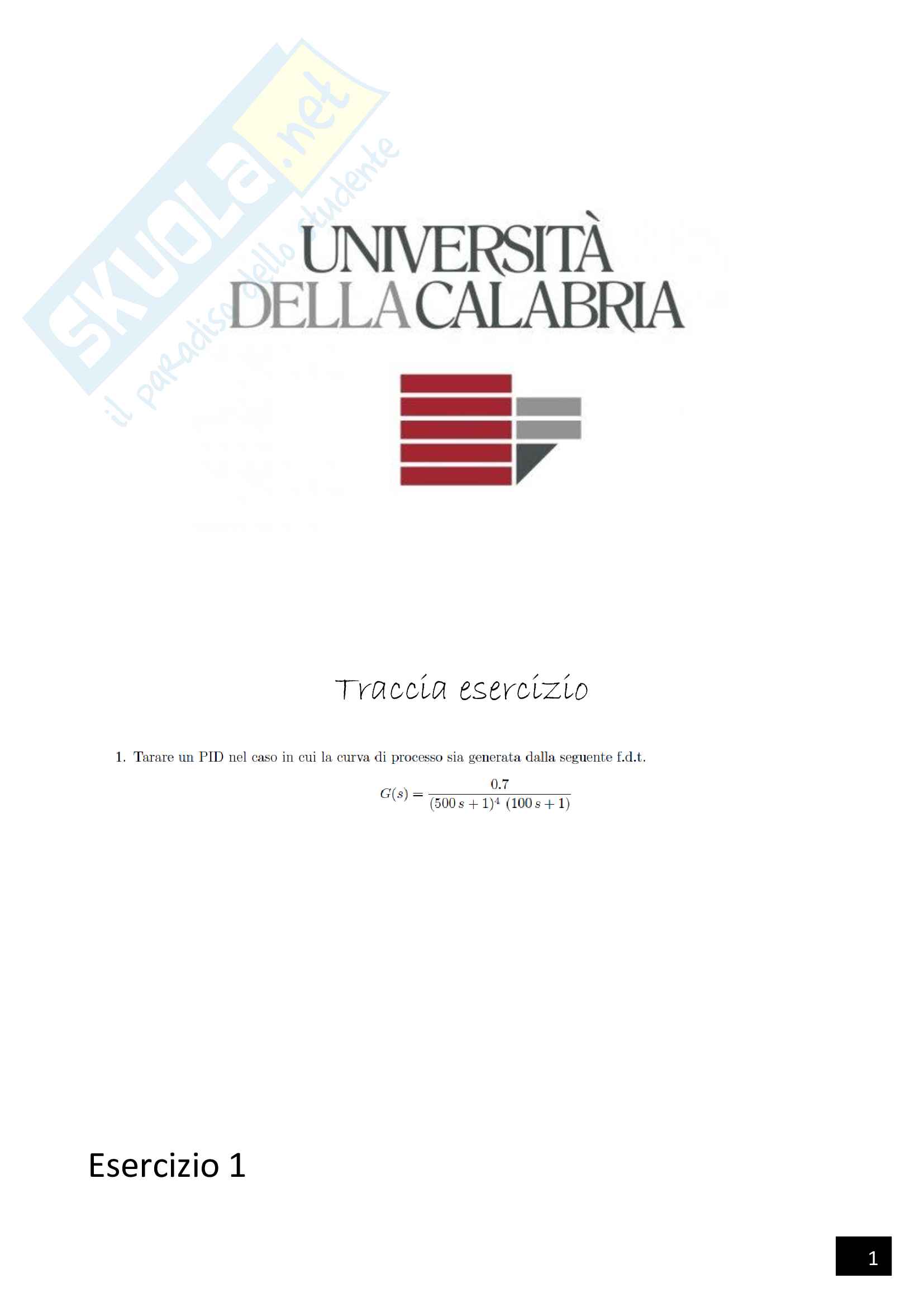 Taratura PID, esercizio con codice  MATLAB Pag. 1