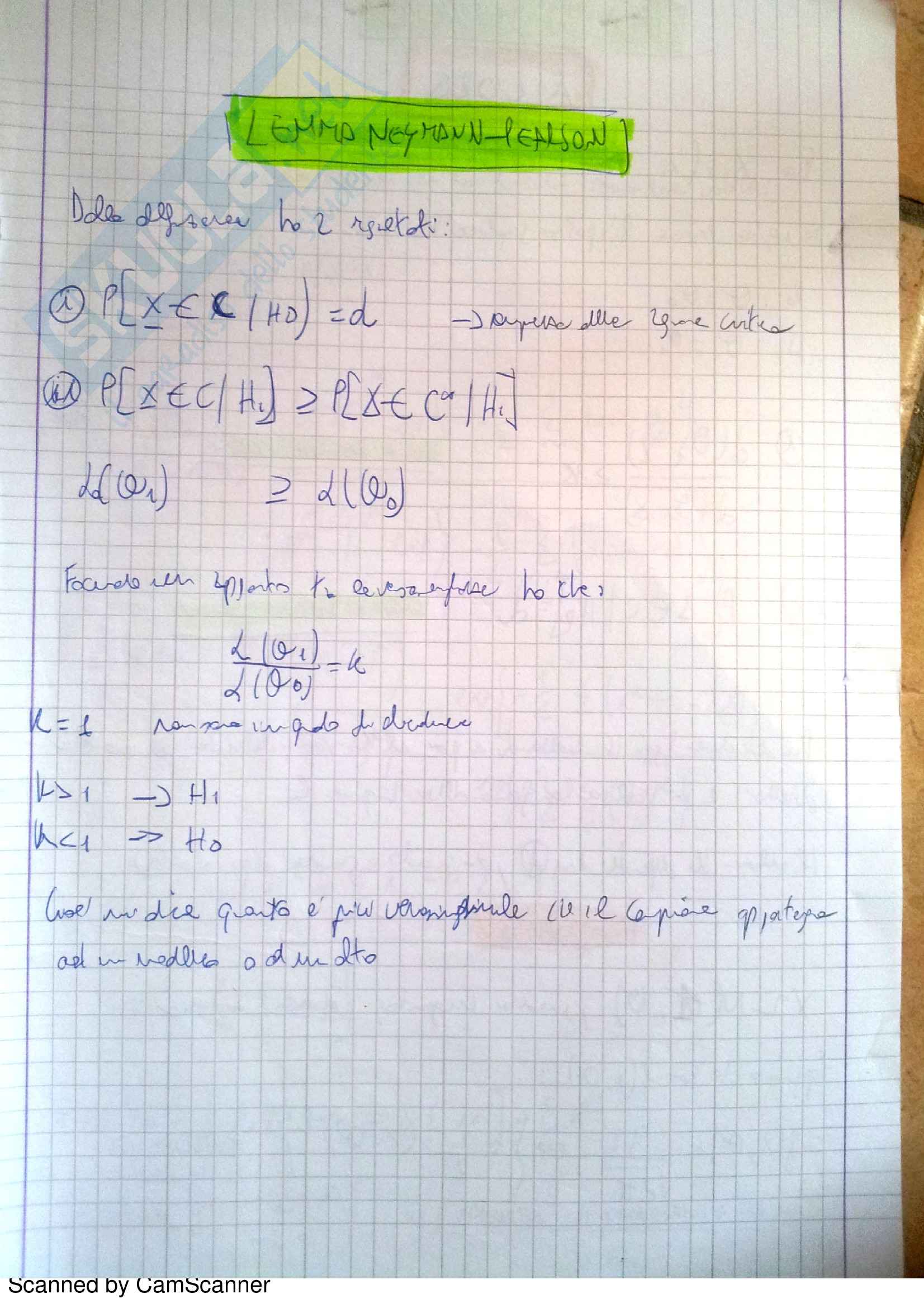 Statistica inferenziale - Lemma di Neyman Pearson Pag. 1