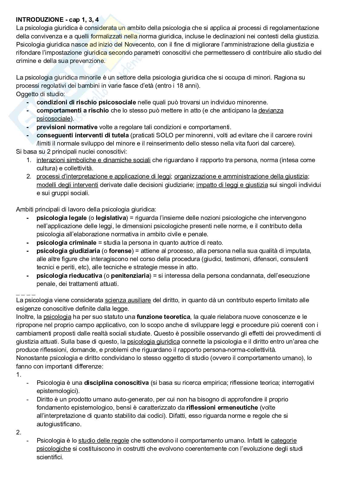 Riassunto esame Psicologia giuridica e di comunità, Prof. Caso Letizia, libro consigliato Manuale di psicologia giuridica minorile; La giustizia riparativa, Patrizi, Patrizi   Pag. 1