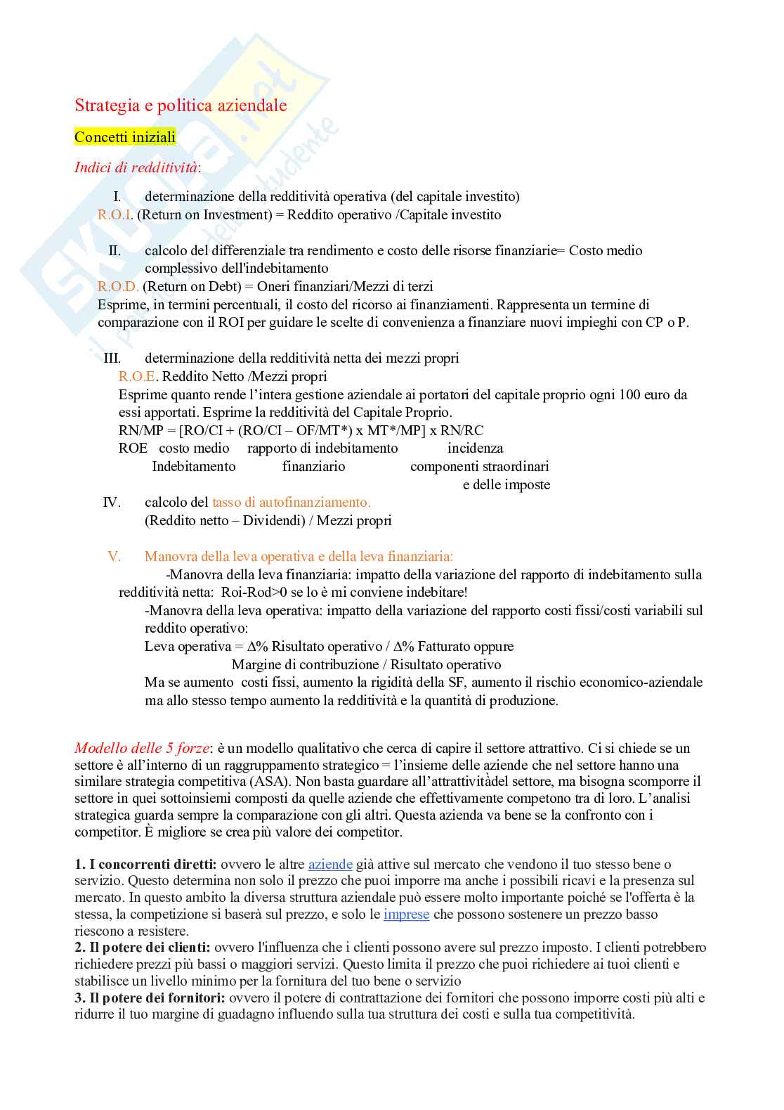 Appunti per frequentati di Strategia e politica aziendale  Pag. 1
