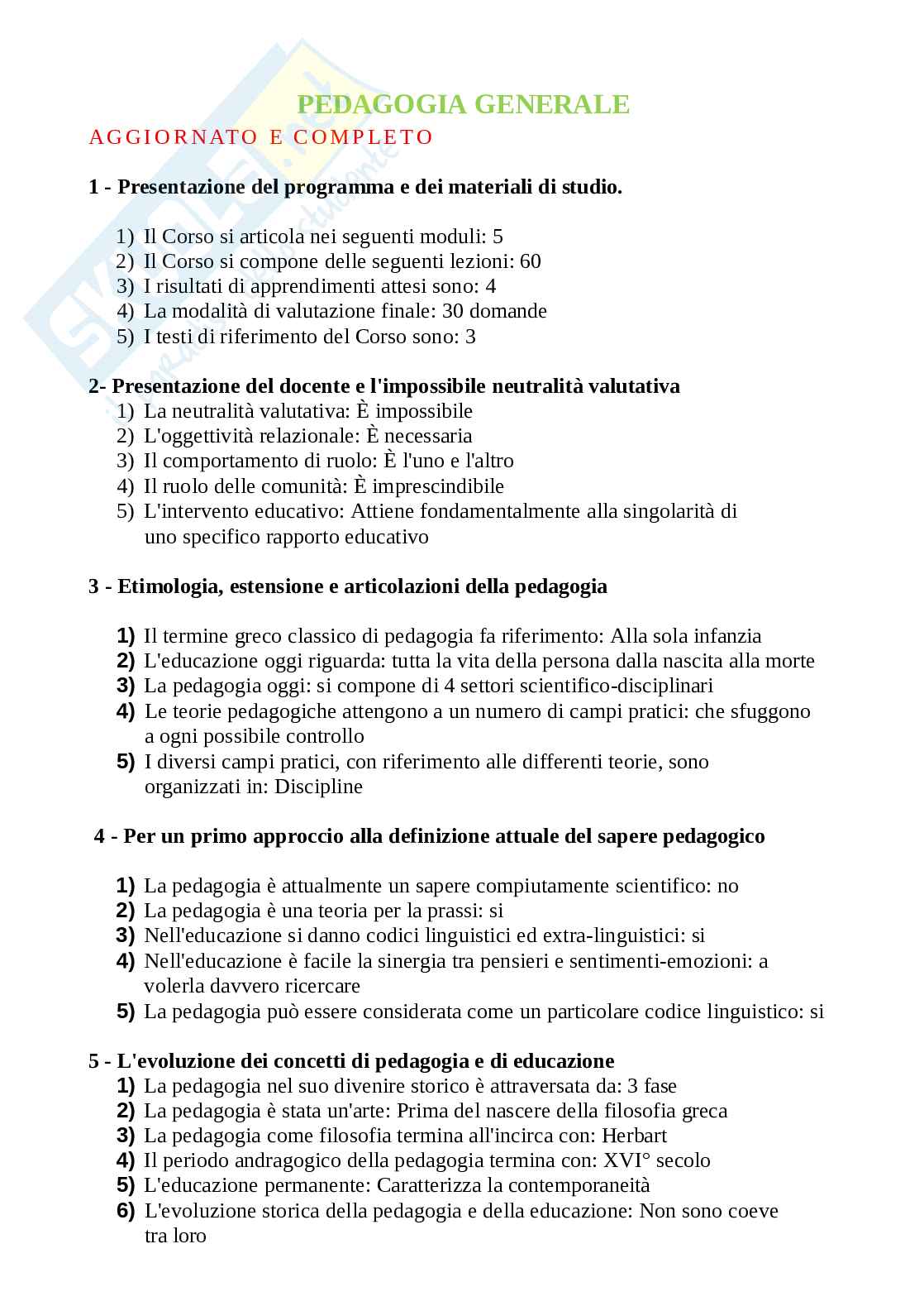 Paniere Pedagogia generale, aggiornato e completo. In ordine Pag. 1