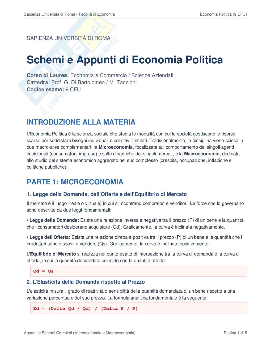 Schemi e Appunti di Economia Politica Pag. 1