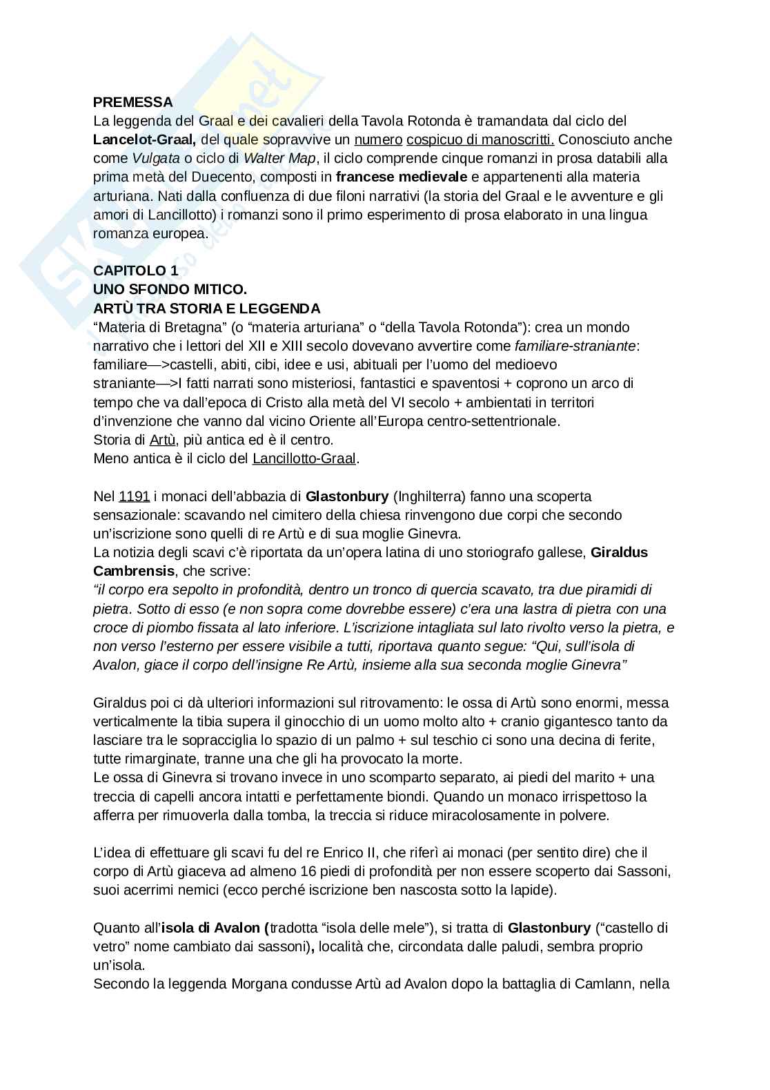 Riassunto esame Filologia romanza, Prof. Di Sabatino Luca, libro consigliato Il Graal e i cavalieri della Tavola rotonda, capitoli 1-7, Lagomarsini  Pag. 1