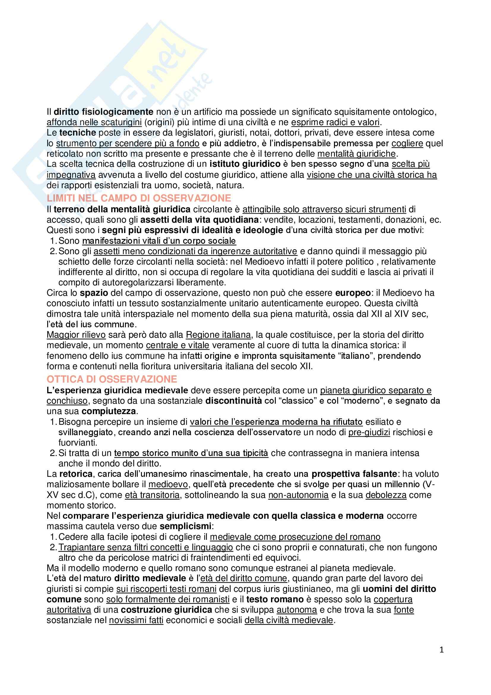 Riassunto esame Storia del Diritto Medievale e Moderno, prof. Rossi, libro consigliato Ordine Giuridico Medievale, Grossi Pag. 1