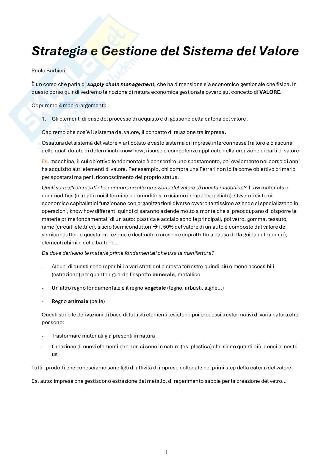 Appunti Strategia e gestione del sistema del valore m Pag. 1
