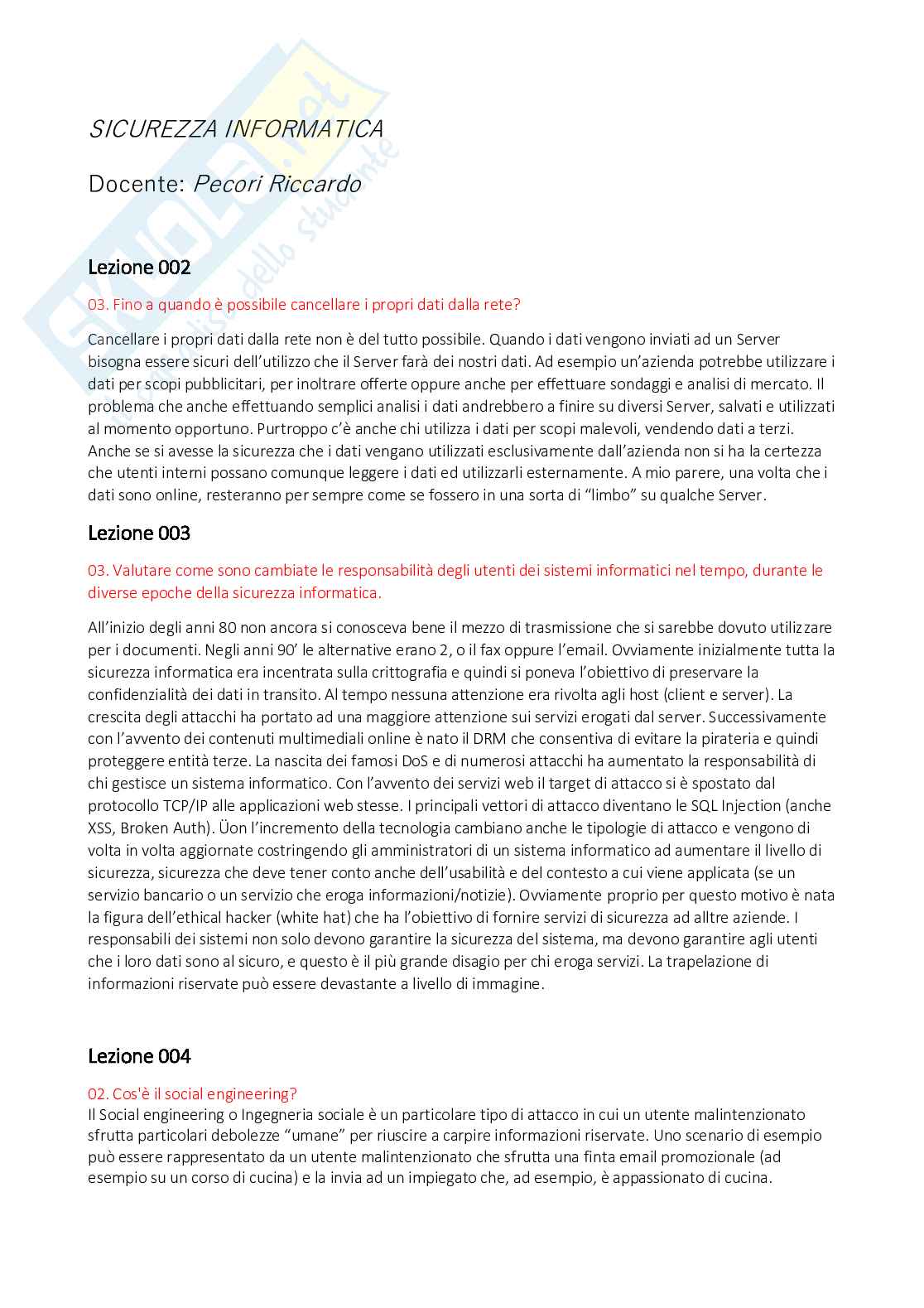 Paniere con risposte aperte - Sicurezza informatica (2023/2024) Pag. 1