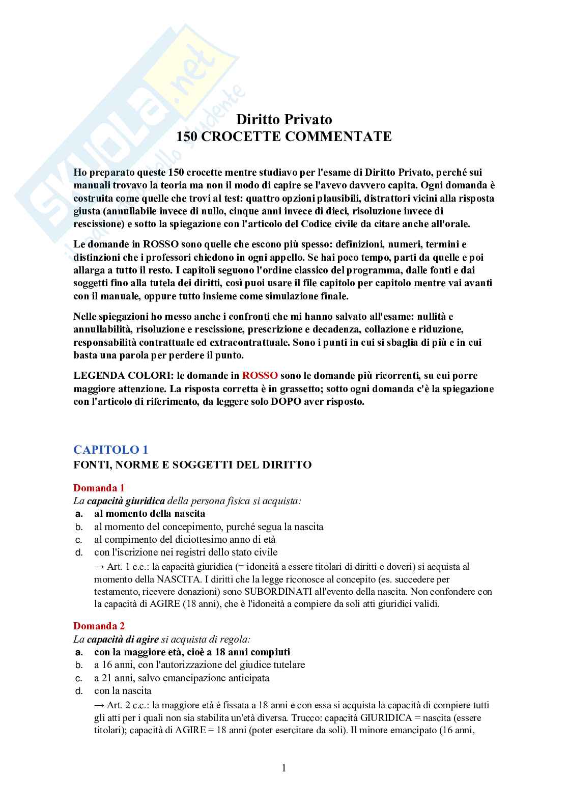 Diritto privato – 150 crocette commentate con articoli del Codice civile Pag. 1