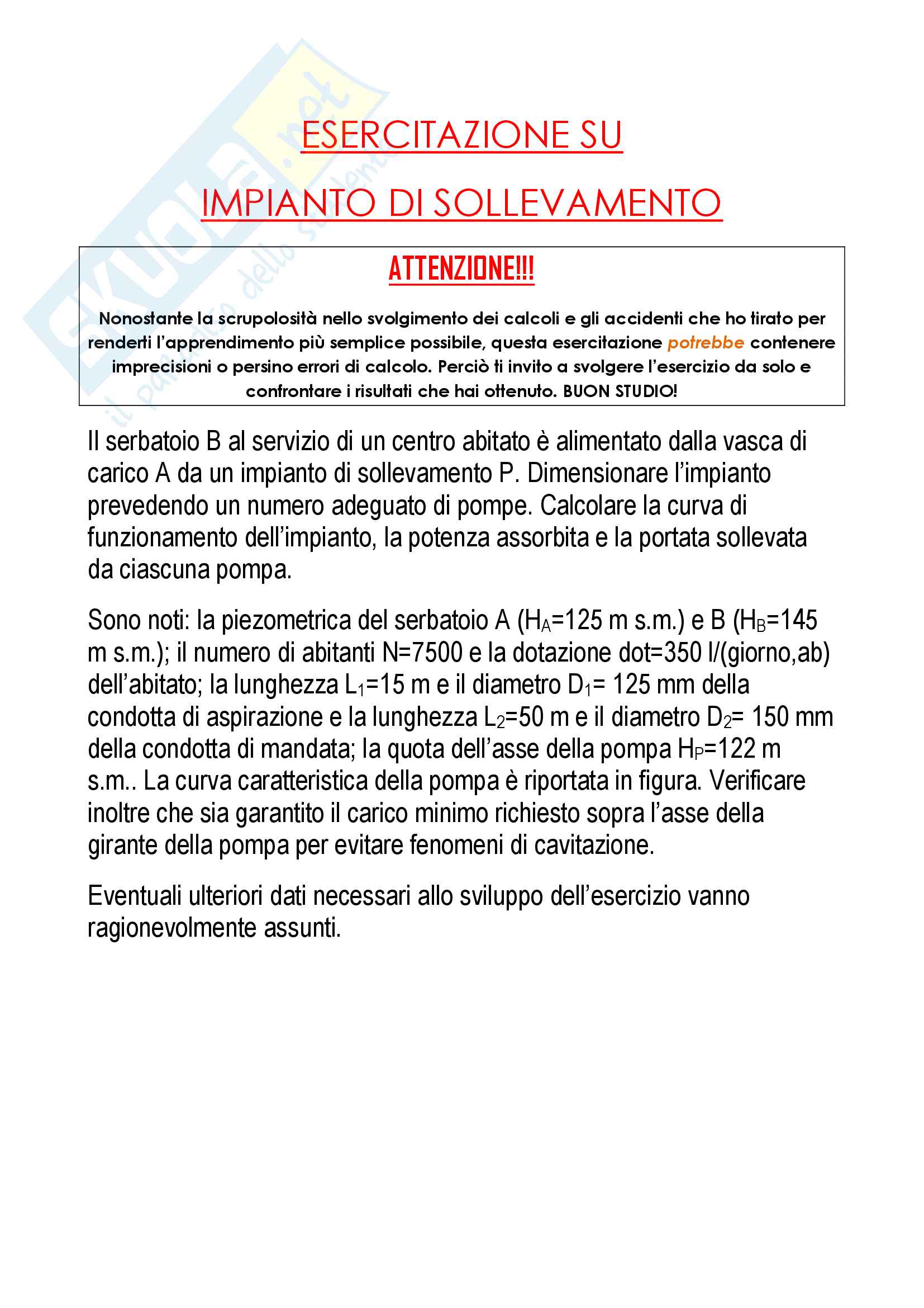 Impianto di sollevamento a due pompe (parallele) -svolgimento esercizio tipo completo- Pag. 1