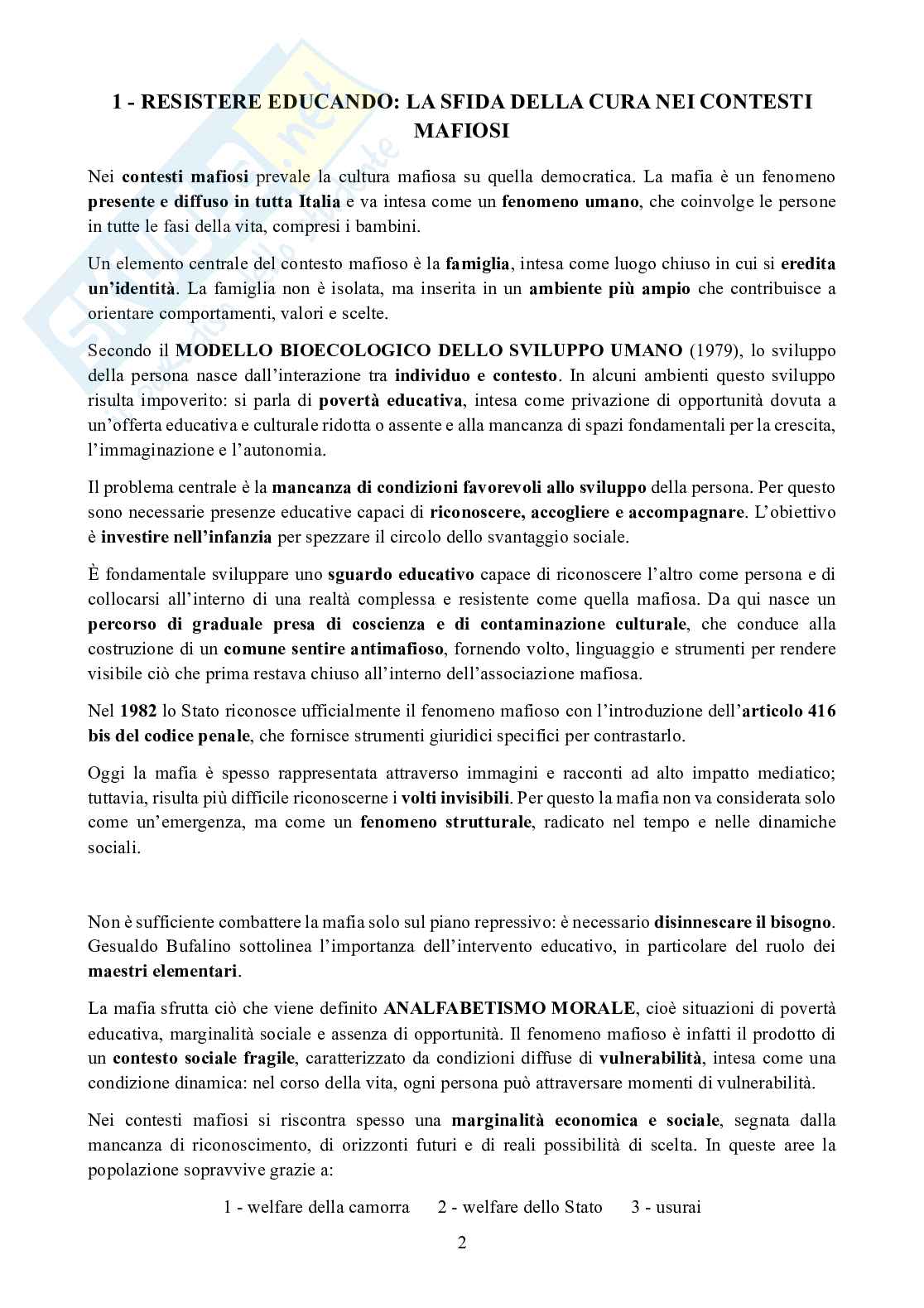 Riassunto esame Pedagogia dell'infanzia, dell'adolescenza e diritti del bambino, Prof. Rizzo Faustino, libro consigliato Il lavoro socioeducativo nei contesti mafiosi, Rizzo Pag. 2