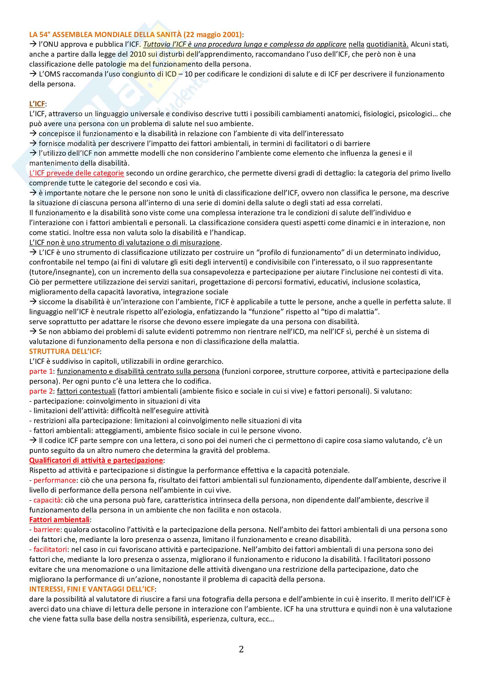 Riassunto esame psicologia della disabilità e dell'integrazione scolastica, prof Marzocchi, libro consigliato psicologia della disabilità e dell'inclusione,Soresi Pag. 2