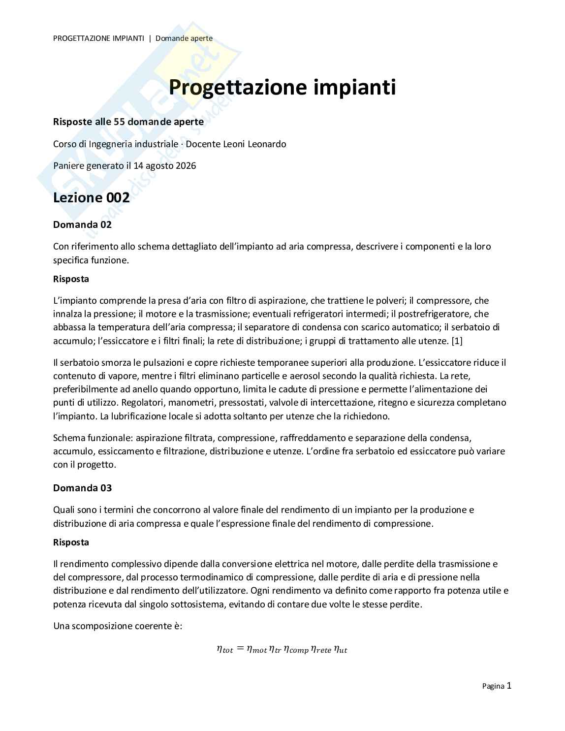 Risposte aperte Progettazione di impianti, 2026 Pag. 1