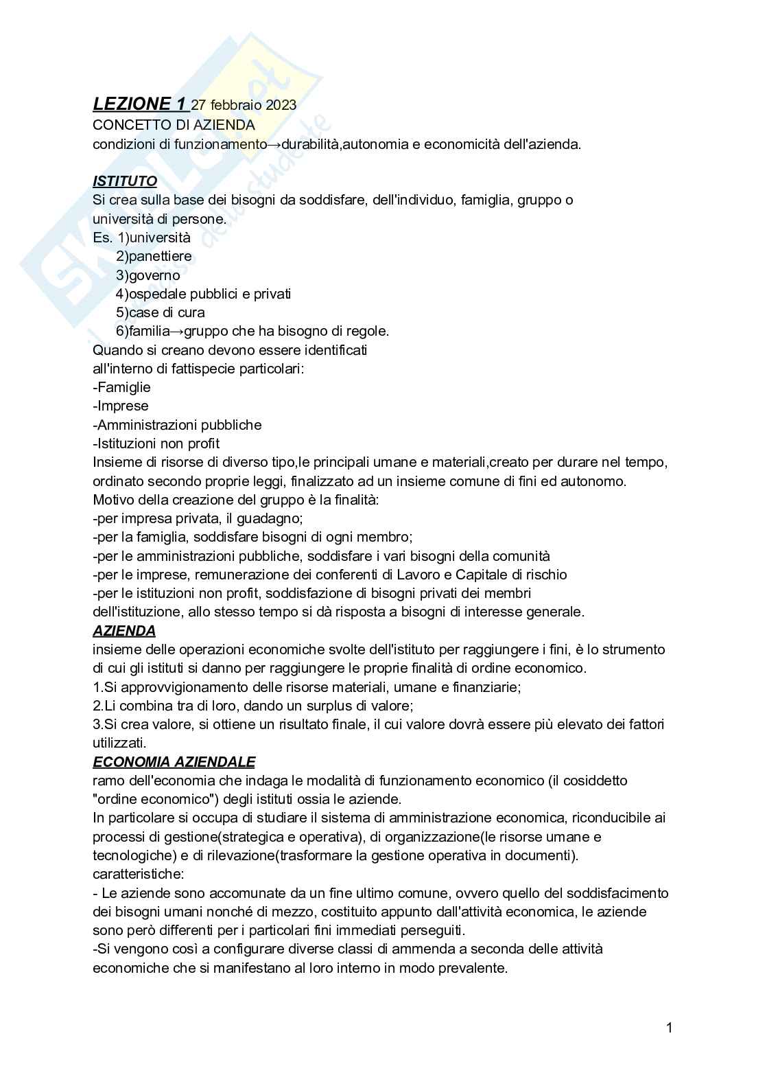 Riassunto esame Economia aziendale, Prof. Magli Francesca, libro consigliato Economia aziendale , Alberto Nobolo Pag. 1