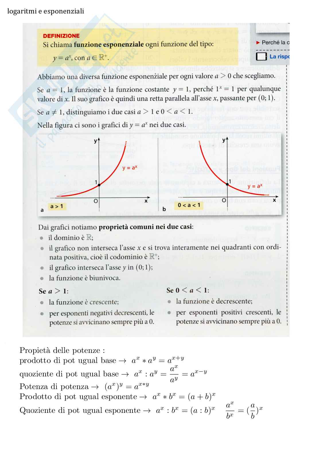 Schemi di Analisi matematica 1 sui logaritmi e gli esponenziali  Pag. 1