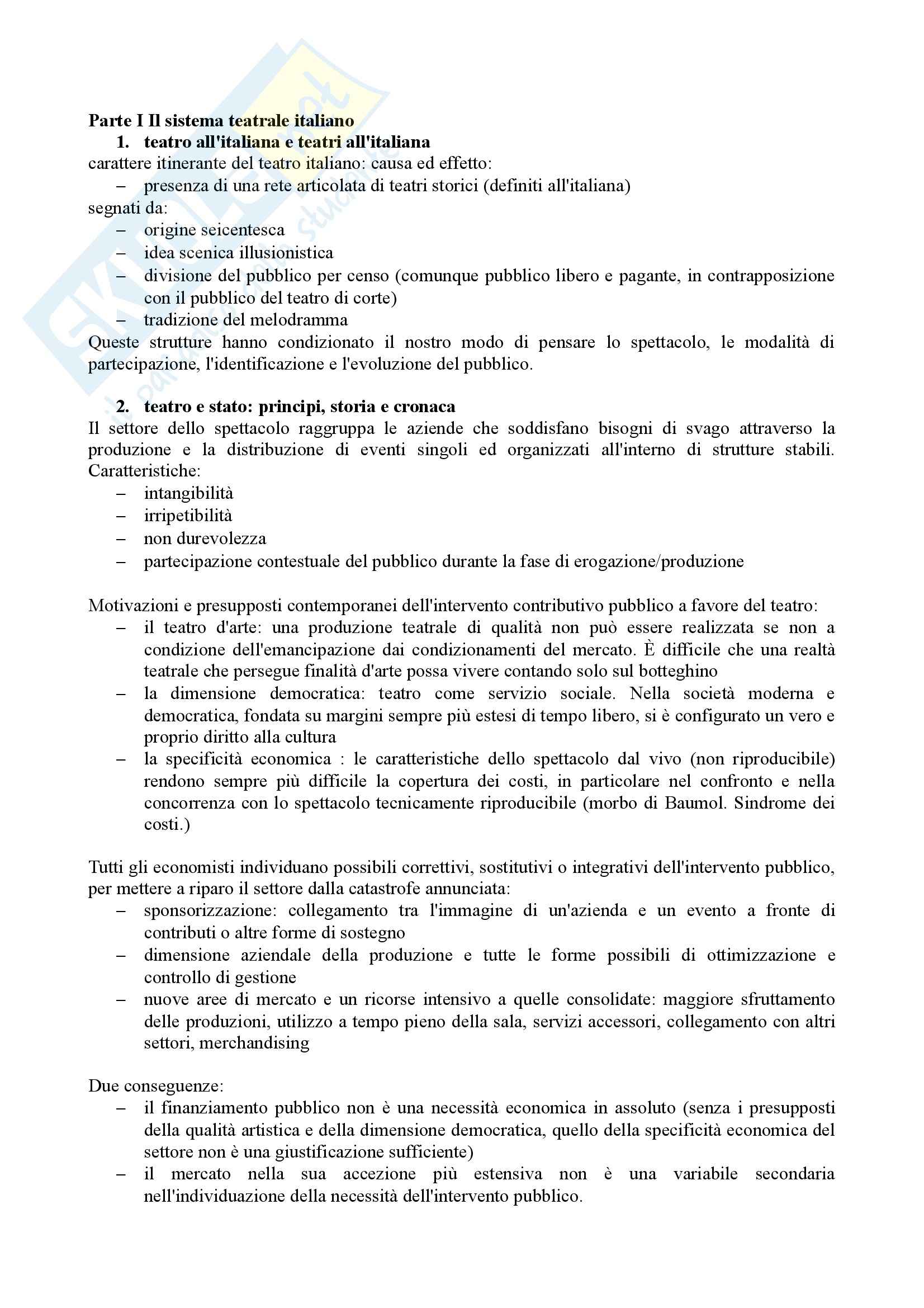 Riassunto esame Economia e Organizzazione dello Spettacolo, prof. Casari, libro consigliato Organizzare Teatro, Gallina Pag. 1