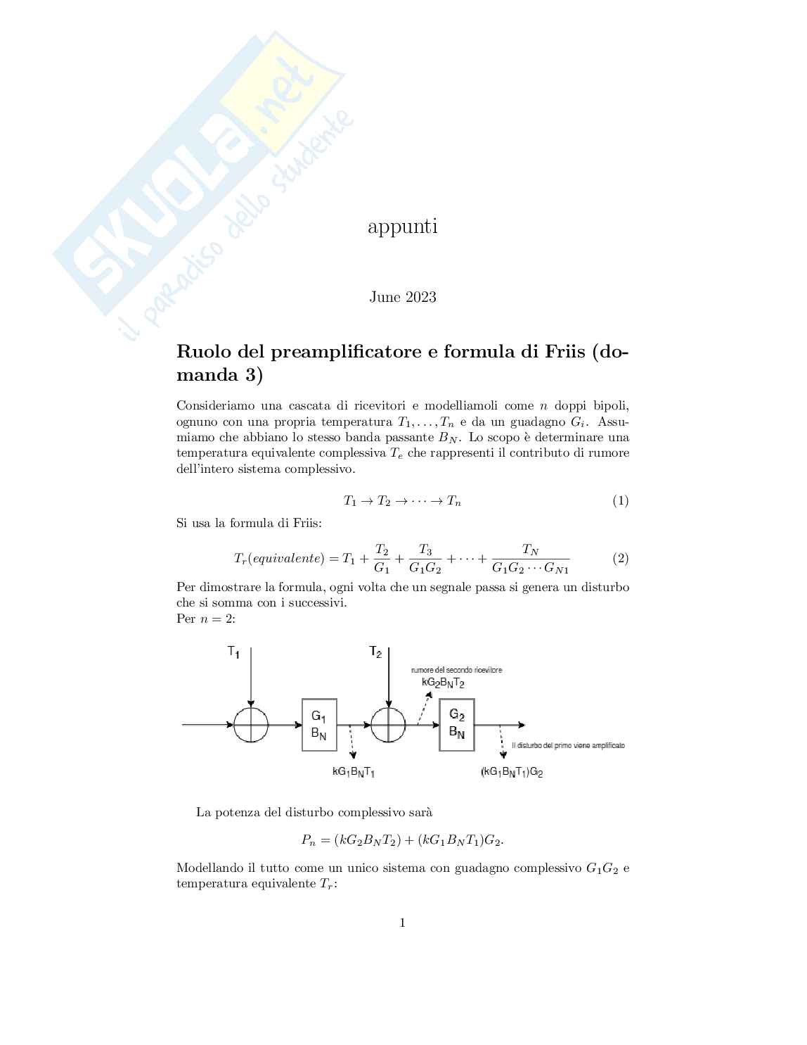 Trasmissione dei segnali digitali - preamplificatore, formula di Friis, Equivalente passa-basso e passa-banda Pag. 1