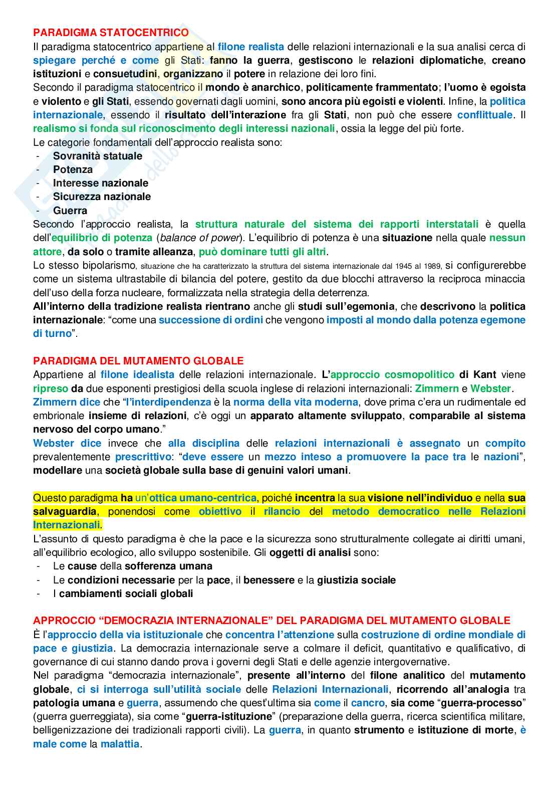Relazioni internazionali: risposte alle domande d'esame, Mascia, principali argomenti Pag. 1