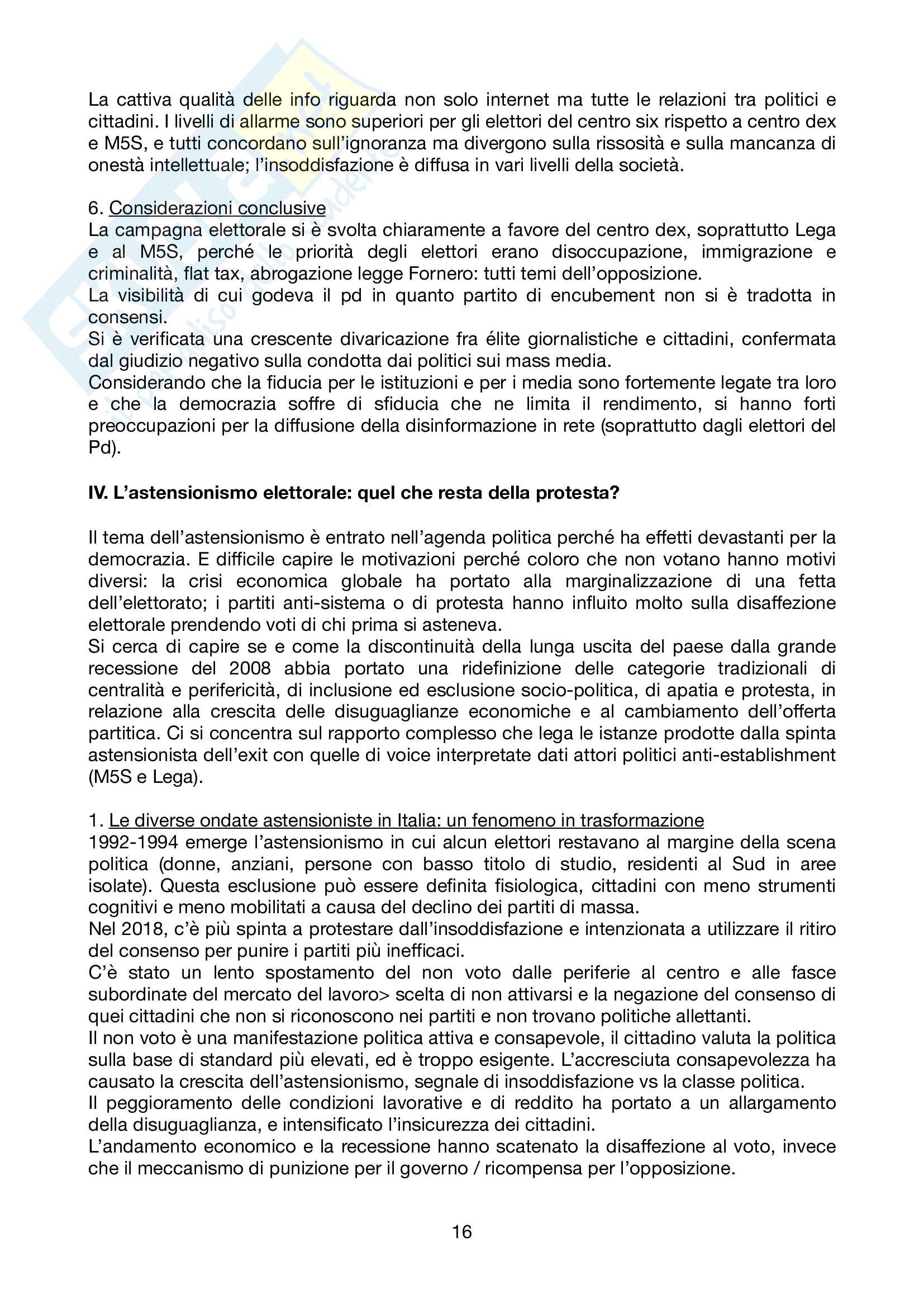 Riassunto esame Sistema Politico Italiano, prof Verzichelli, libro consigliato: Il voto del cambiamento, Chiaramonte e De Sio Pag. 16