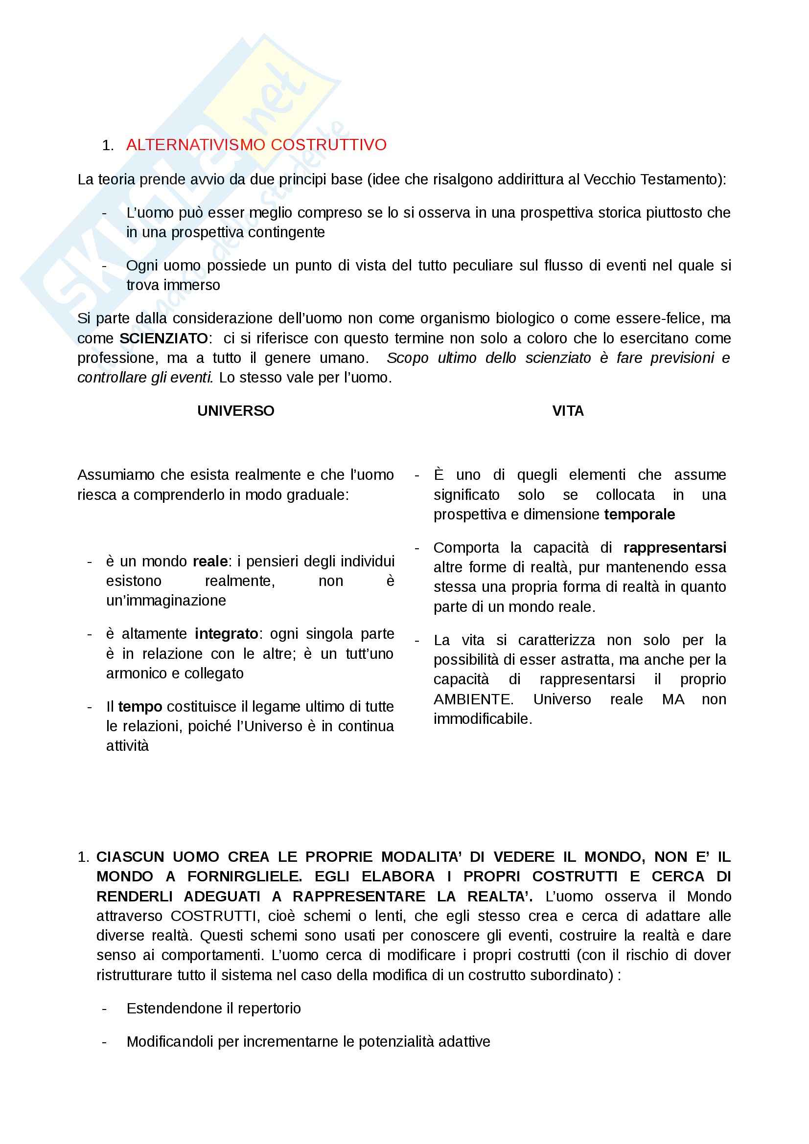 Riassunto esame Psicologia clinica, prof. Ugazio, libro consigliato La psicologia dei costrutti personali, Kelly Pag. 1