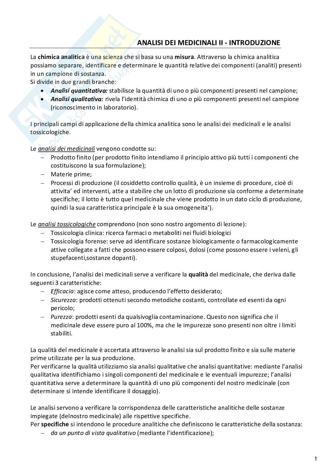 Analisi dei medicinali II Pag. 1