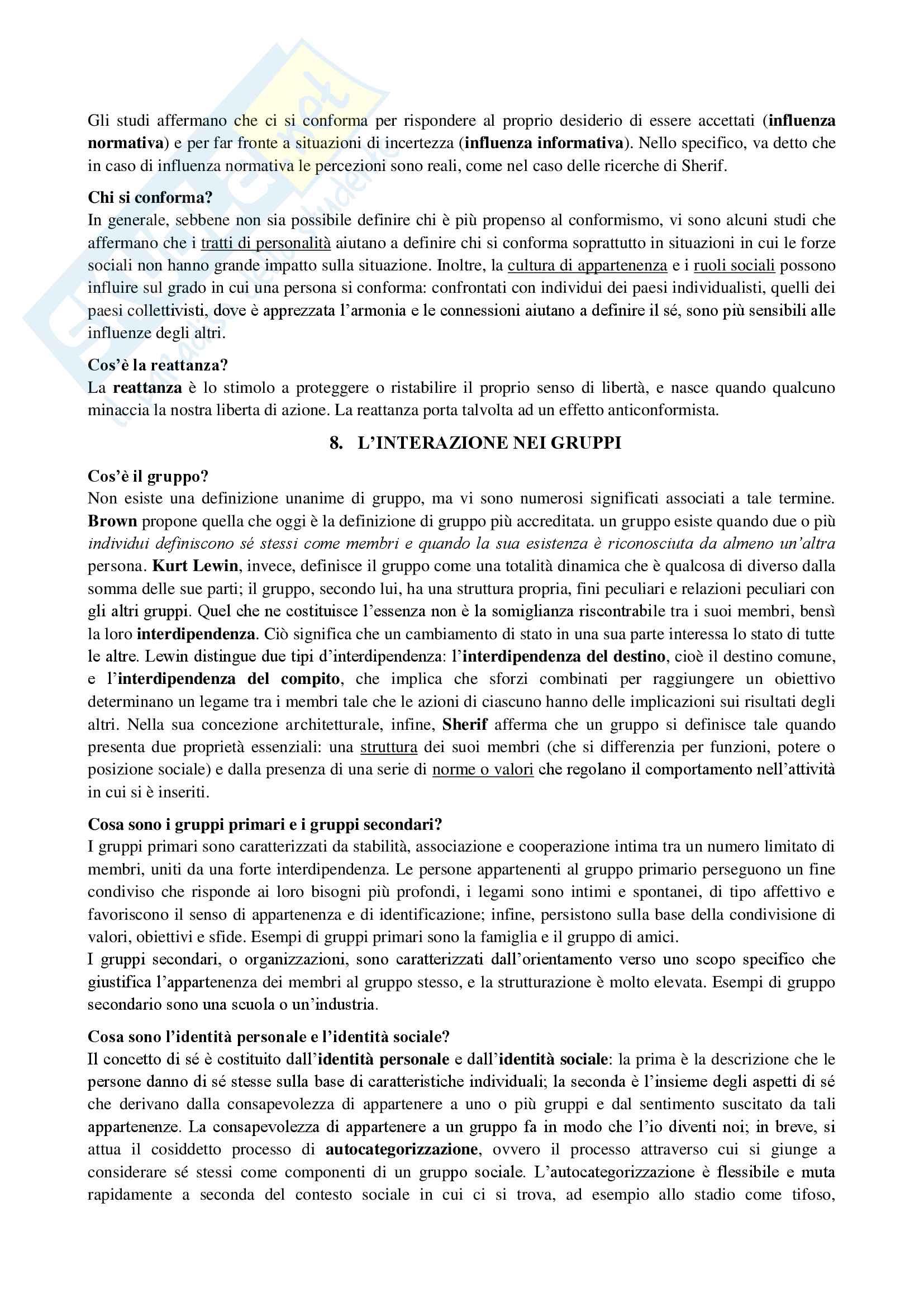 Riassunto esame Psicologia sociale, docente Camussi, testo consigliato "Psicologia sociale", Myers Pag. 11