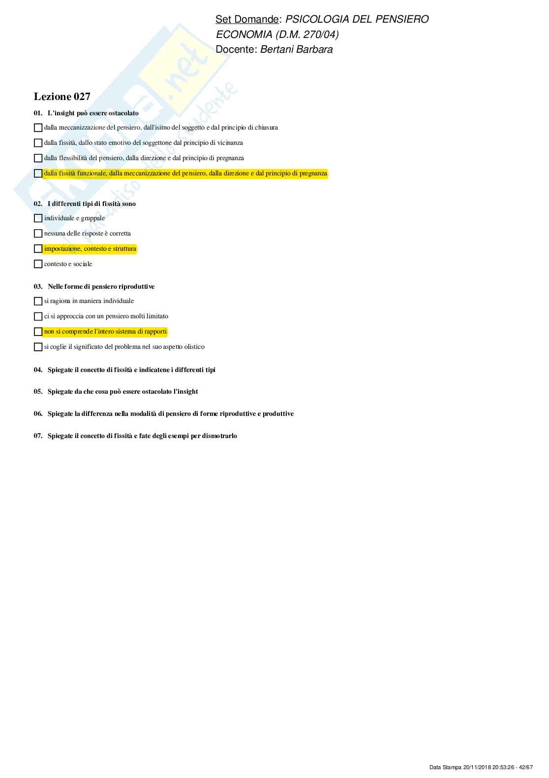 Paniere Psicologia del pensiero - risposte multiple e aperte Pag. 41