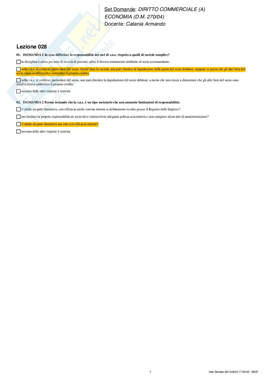 Soluzioni crocette Diritto commerciale (A)   Pag. 36