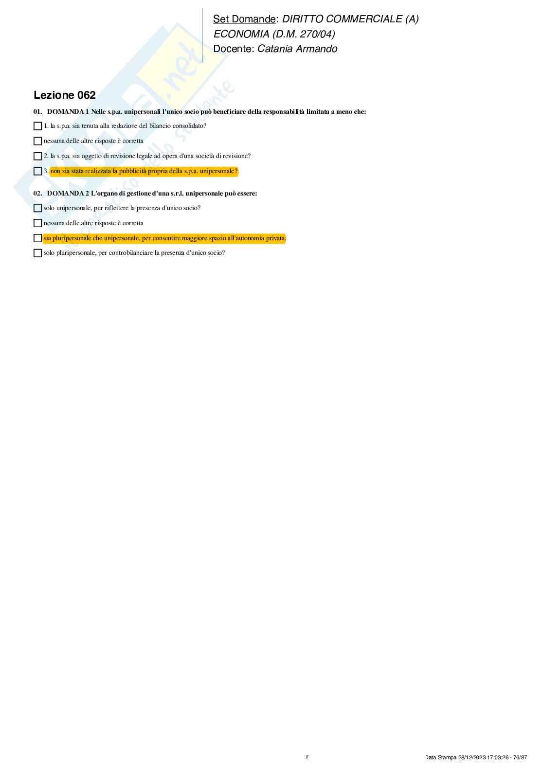 Soluzioni crocette Diritto commerciale (A)   Pag. 76
