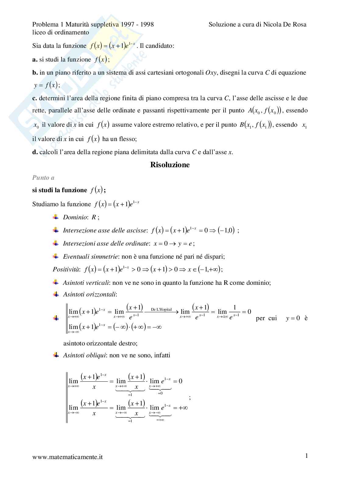 1998 - liceo scientifico di ordinamento sessione suppletiva problema1 Pag. 1