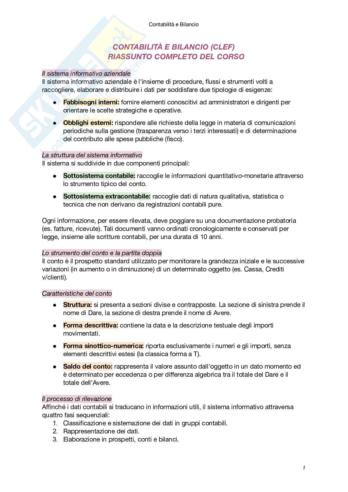 Riassunto esame Contabilità e bilancio, Prof. Lucianelli Giovanna, libro consigliato La contabilità (I e II Volume), Il bilancio (I e II Volume) , Lucianelli Pag. 1