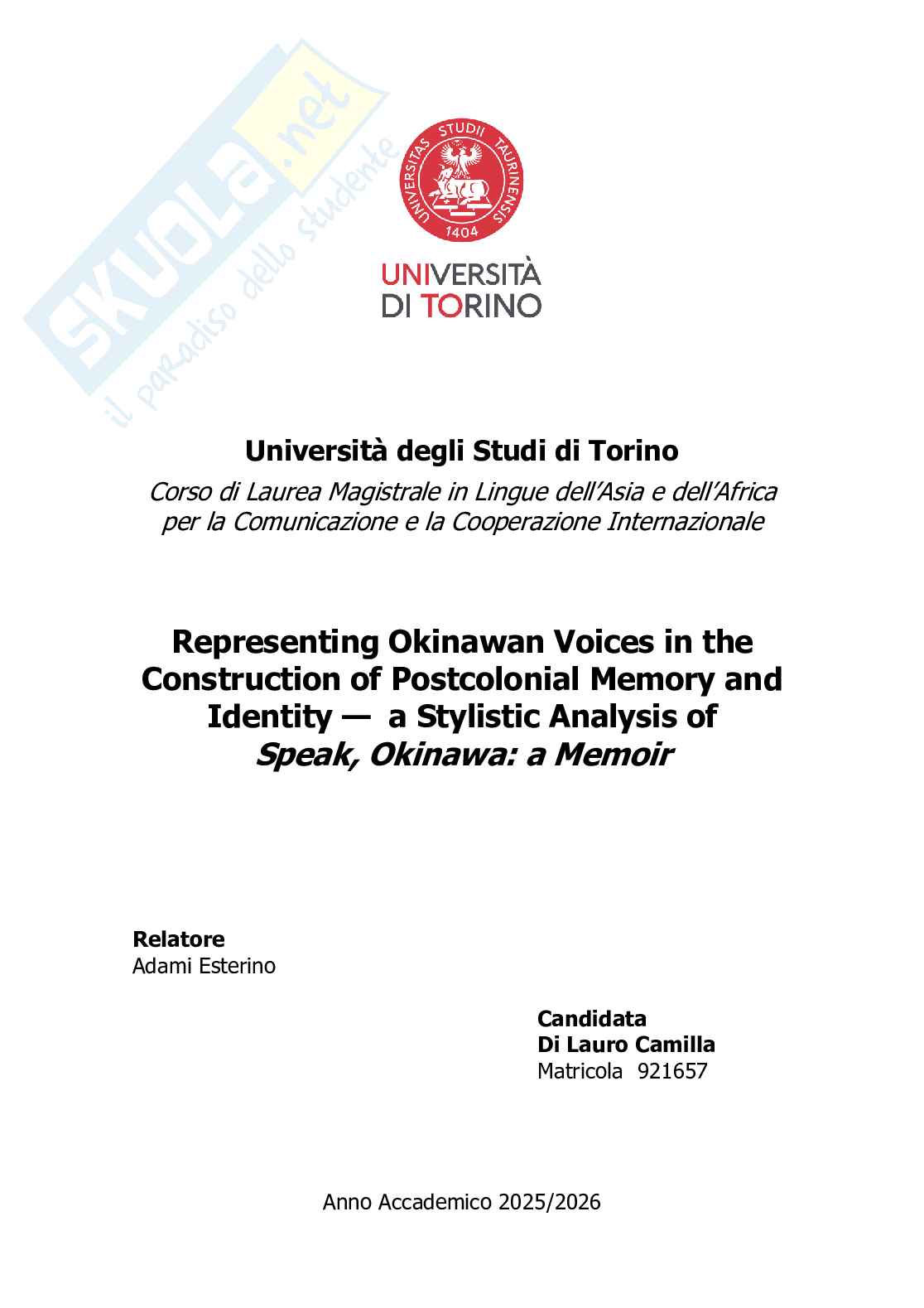 Representing Okinawan Voices in the Construction of Postcolonial Memory and Identity — a Stylistic Analysis of Speak, Okinawa: a Memoir Pag. 1