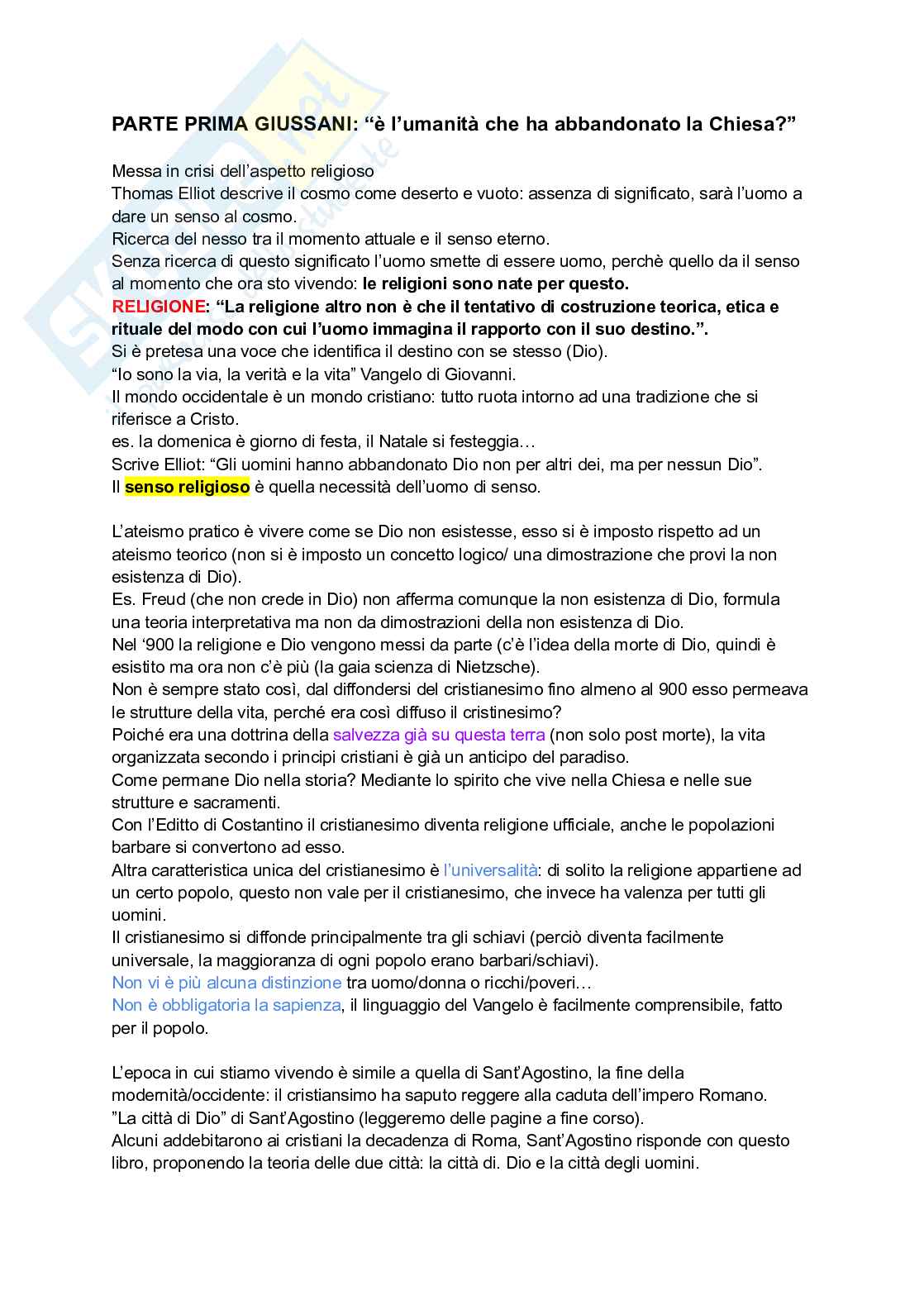Riassunto esame Pensiero e movimenti religiosi contemporanei a, Prof. Bucarelli Marco Ottavio, libro consigliato La coscienza religiosa nell’uomo moderno, Giussani Pag. 1