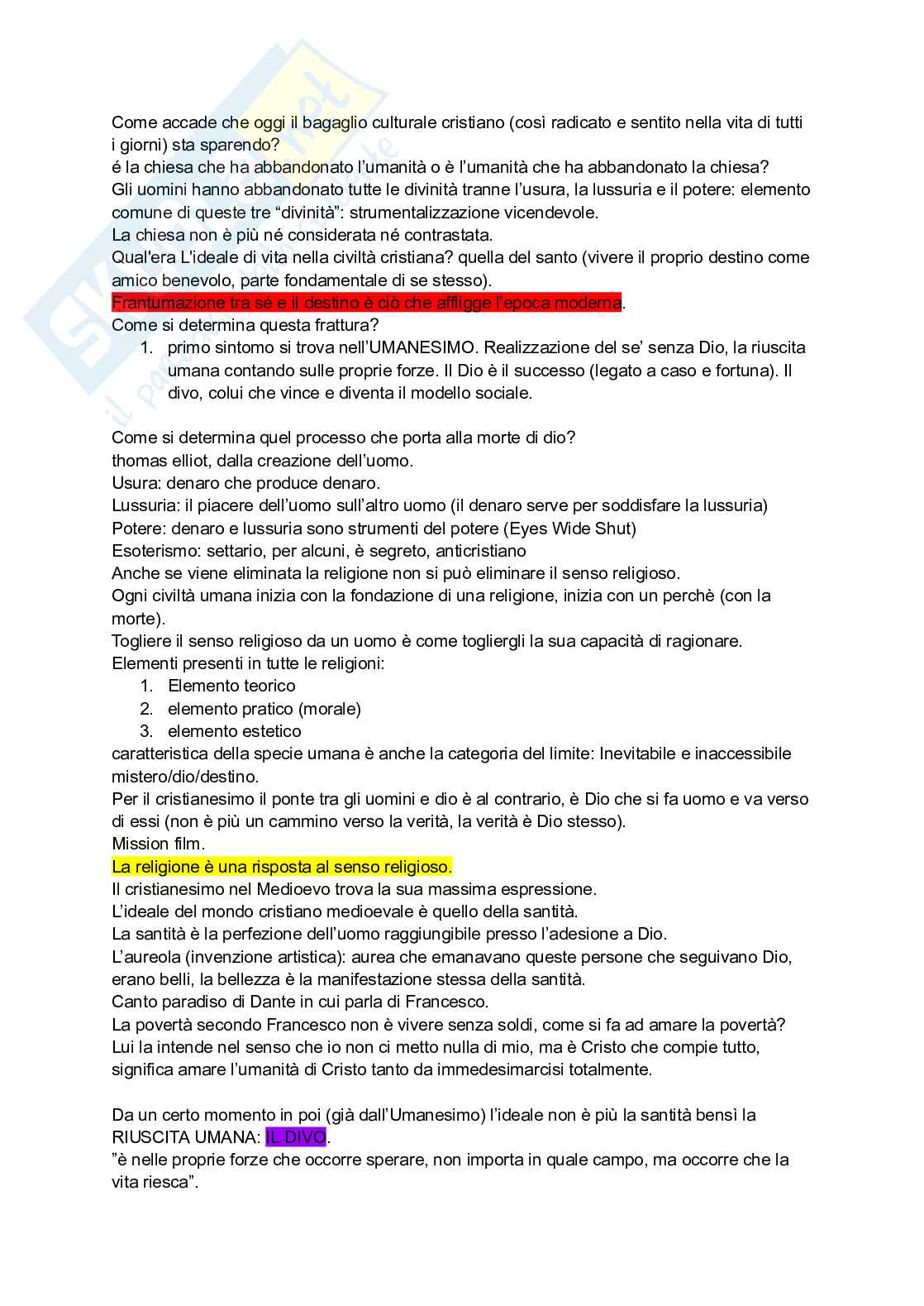 Riassunto esame Pensiero e movimenti religiosi contemporanei a, Prof. Bucarelli Marco Ottavio, libro consigliato La coscienza religiosa nell’uomo moderno, Giussani Pag. 2