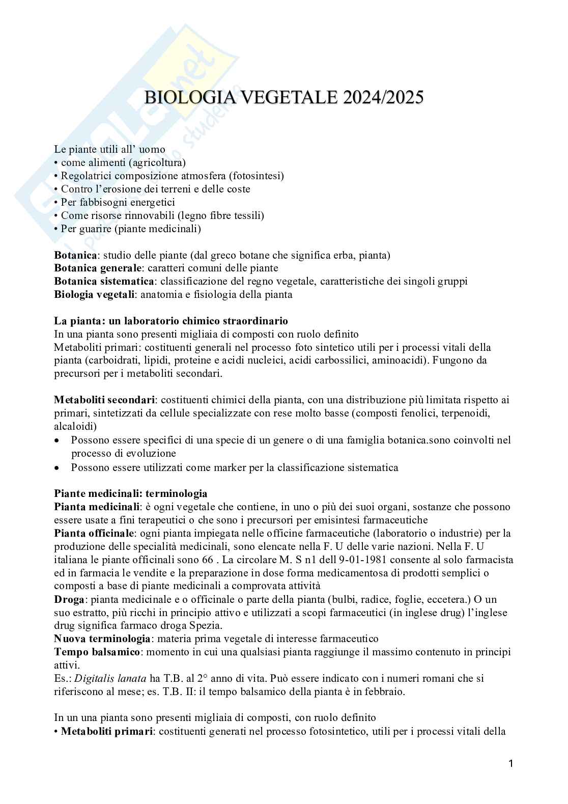 Appunti di Biologia vegetale (3CFU) Pag. 1
