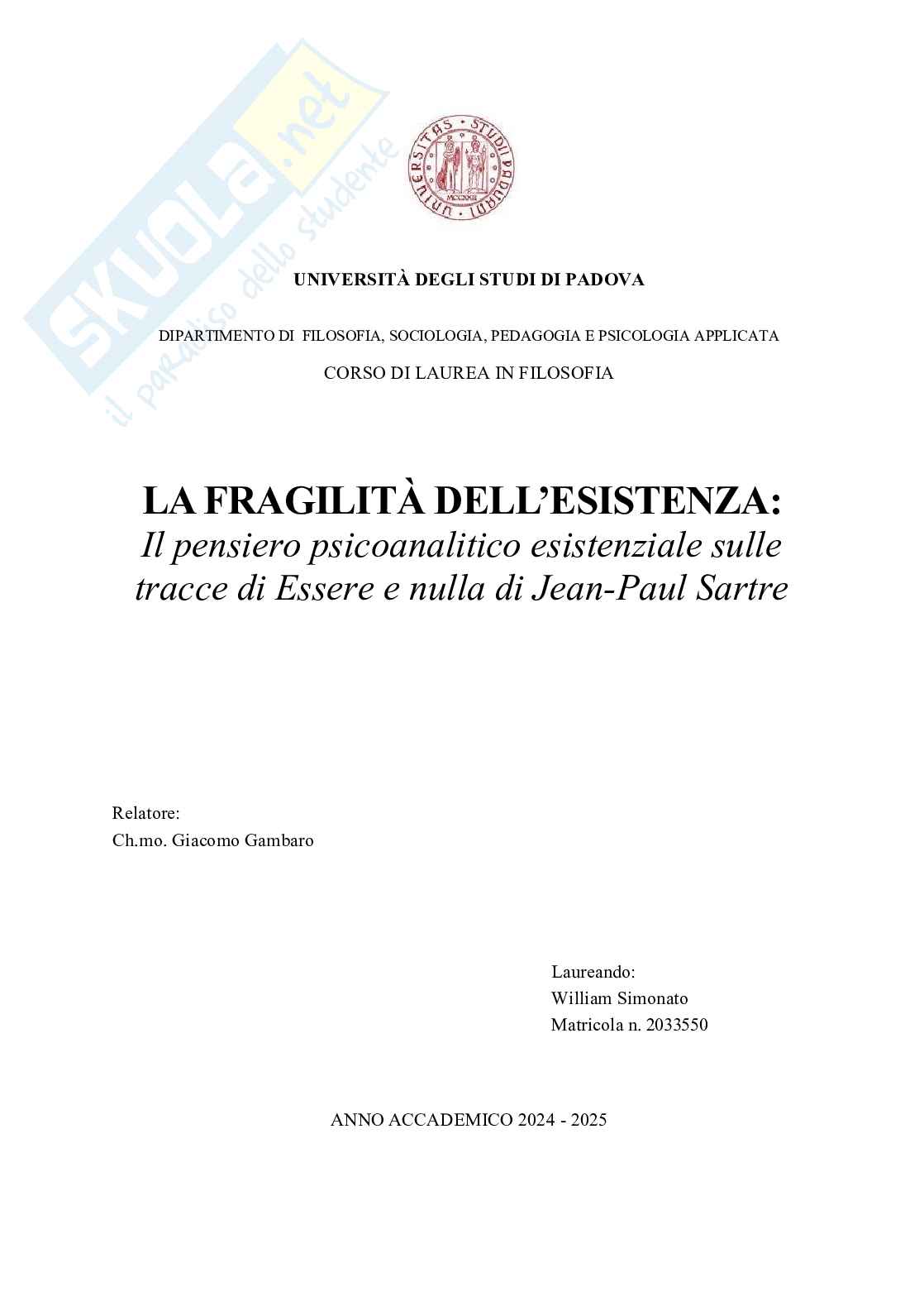 Tesi sulla psicoanalisi esistenziale di Jean-Paul Sartre Pag. 1