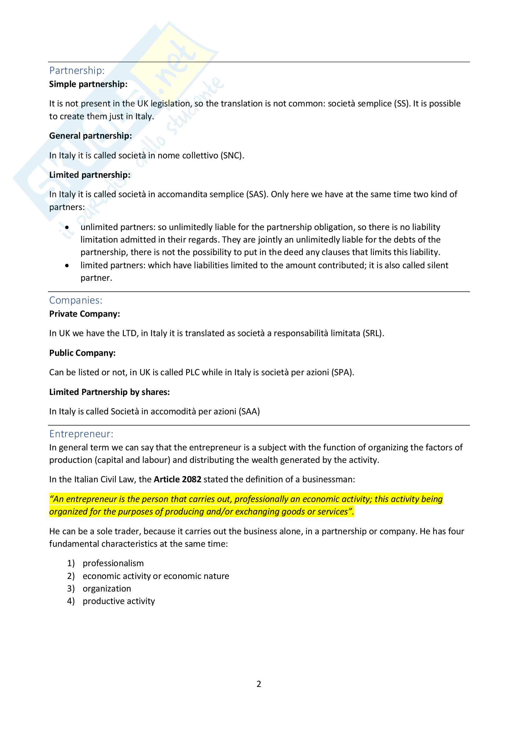 Business Law - Partnerships (Prof. Veronese) Pag. 2