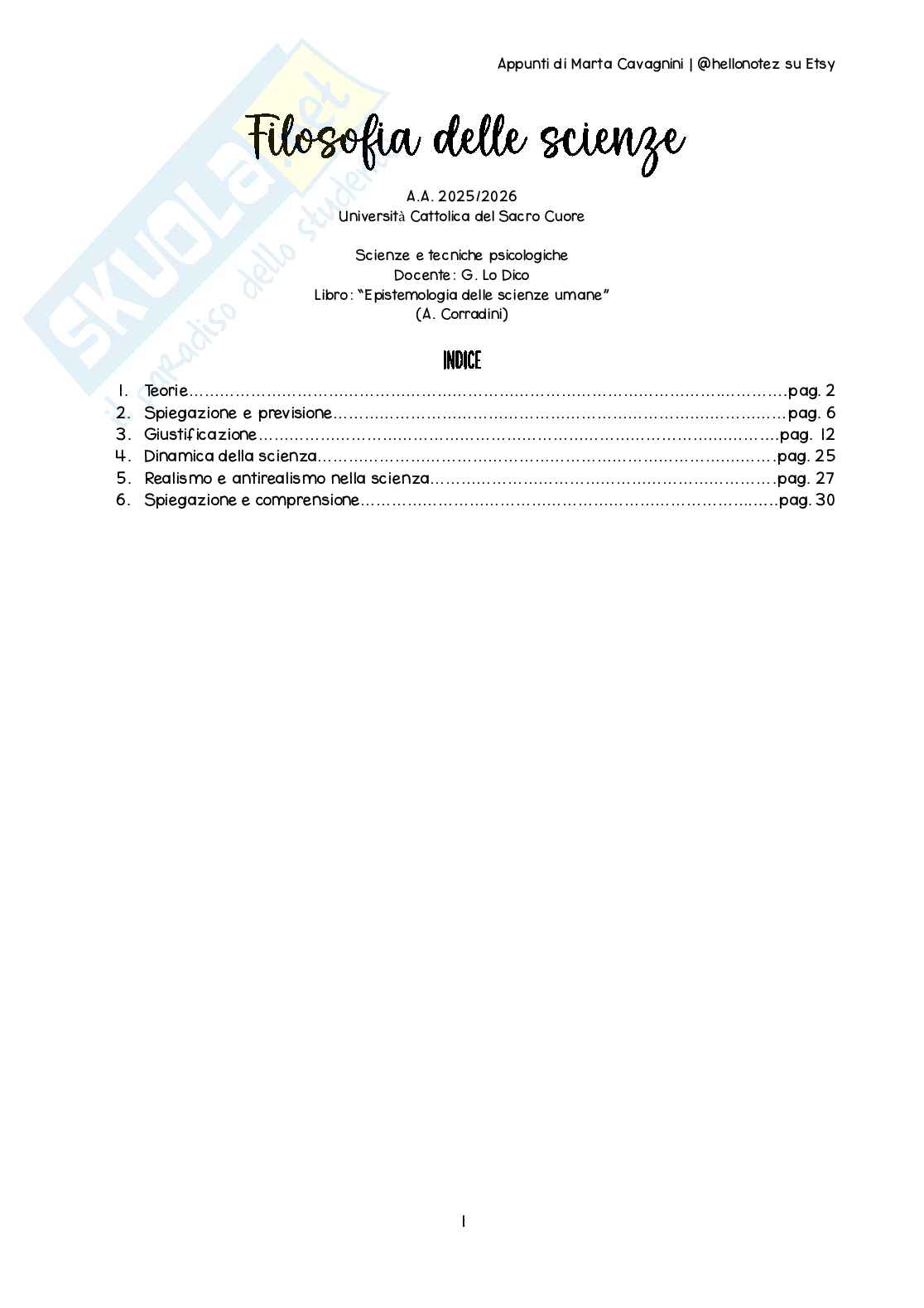 Riassunto esame Filosofia delle scienze, Prof. Lo Dico Giuseppe, libro consigliato Epistemologia delle scienze umane, A. Corradini Pag. 1