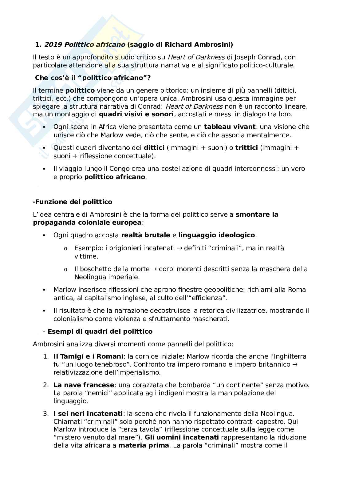 Riassunto esame Letteratura inglese I, Prof. Ambrosini Richard, libro consigliato Saggio Polittico Africano, Ambrosini Pag. 1
