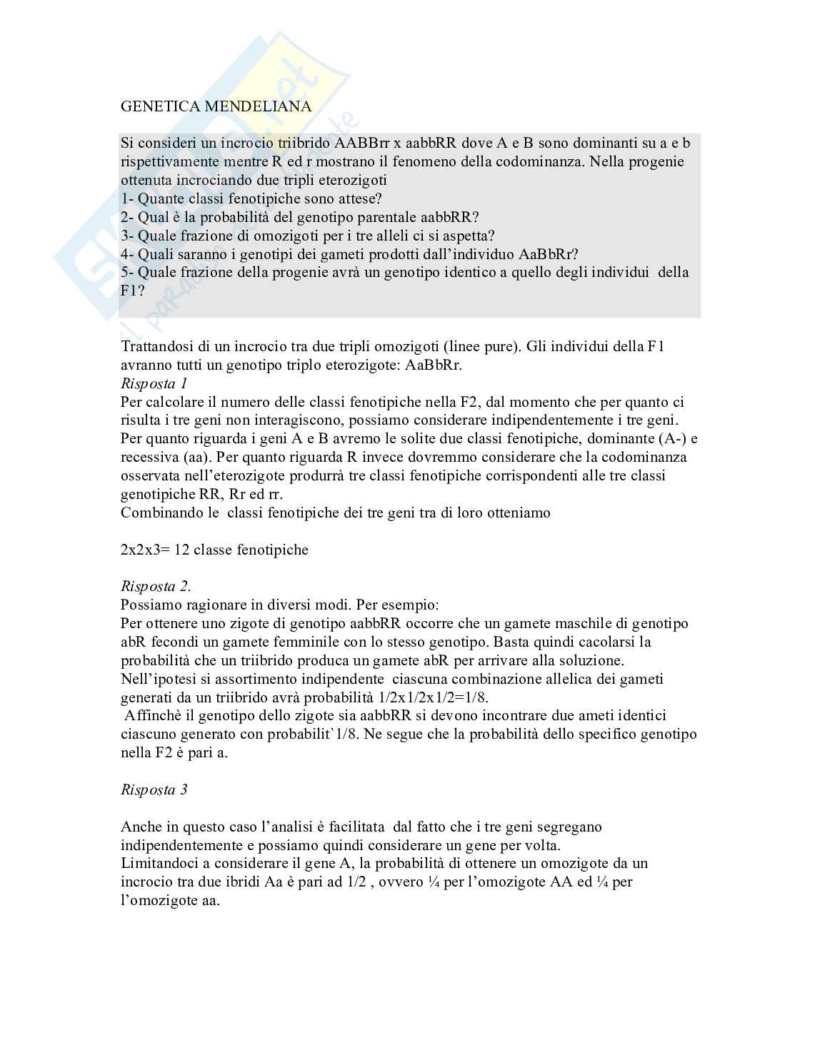 Esercizi svolti genetica Mendeliana Pag. 1