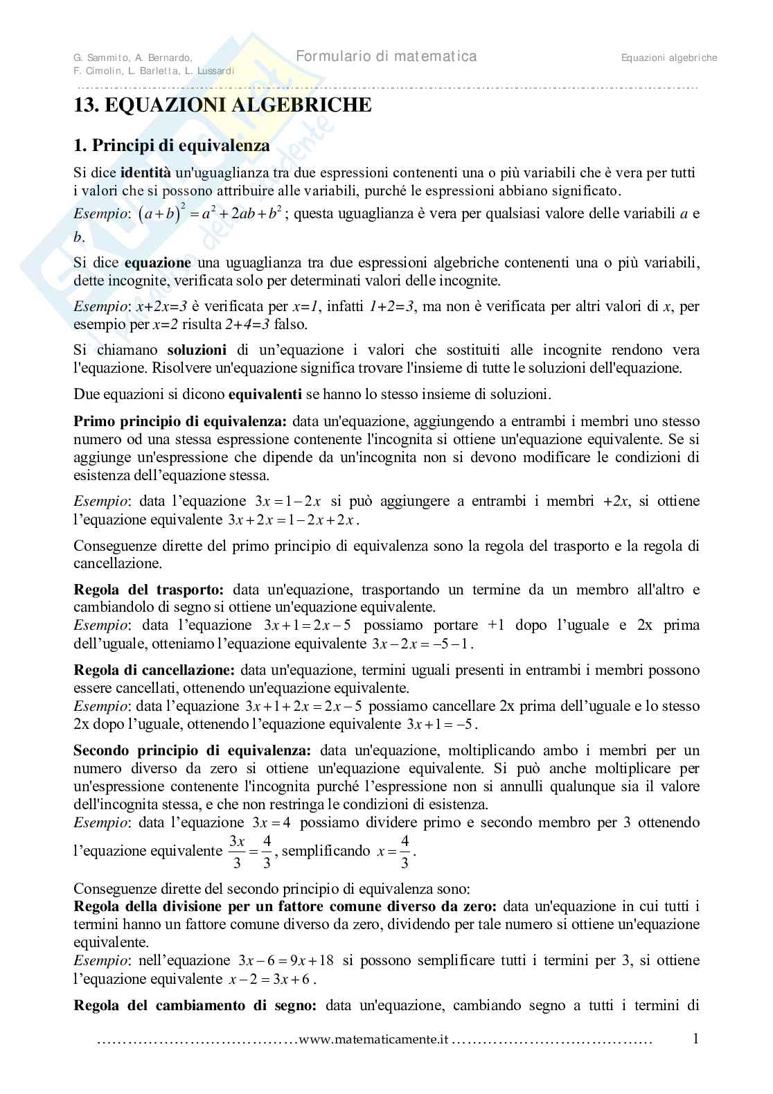 Equazioni di primo, secondo, terzo e quarto grado Pag. 1