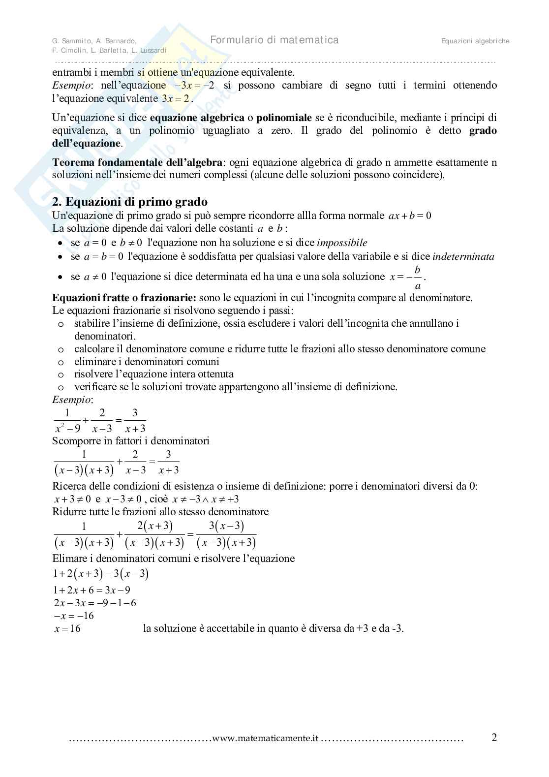 Equazioni di primo, secondo, terzo e quarto grado Pag. 2