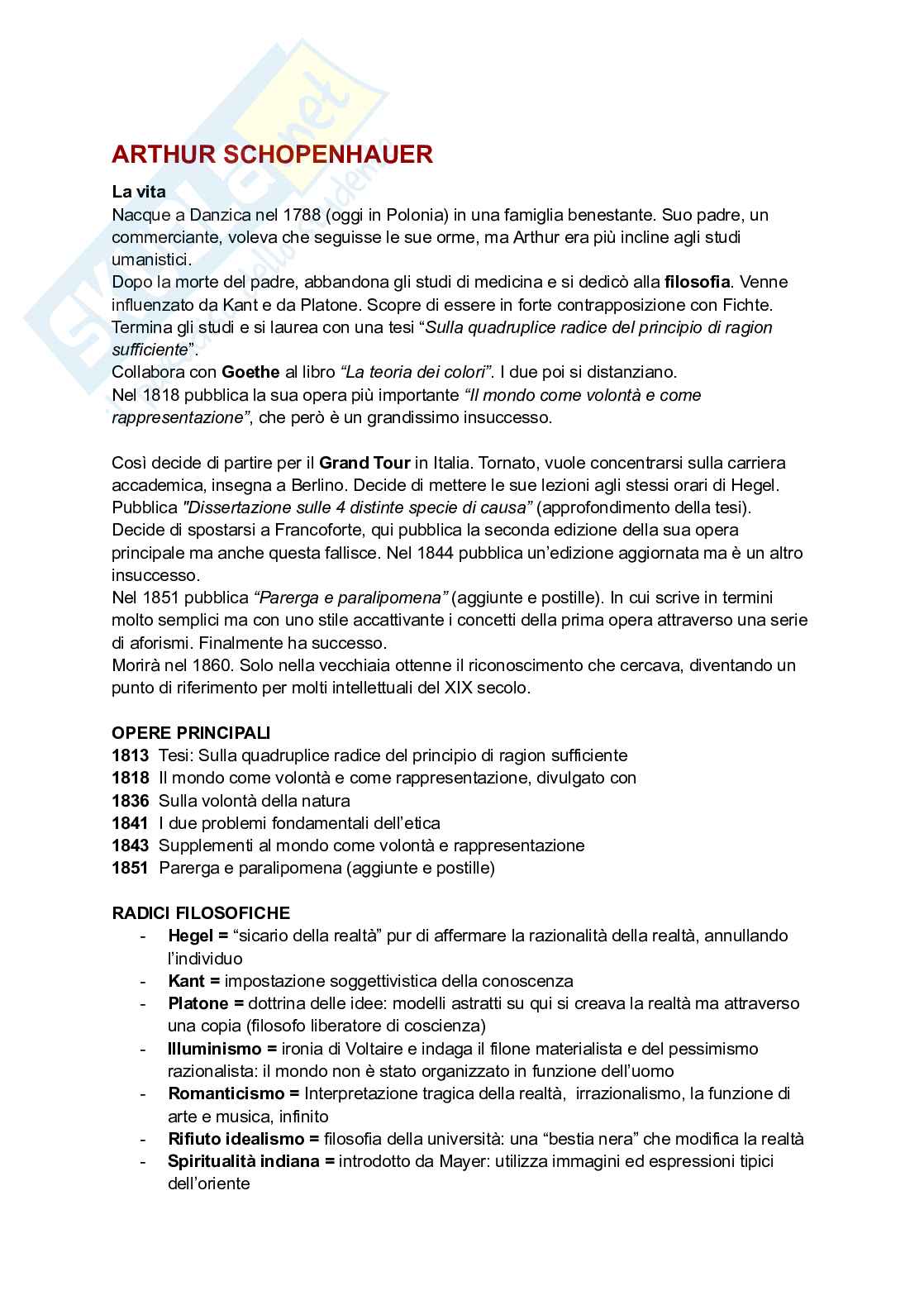 Arthur Schopenhauer: volontà, rappresentazione e pessimismo Pag. 1
