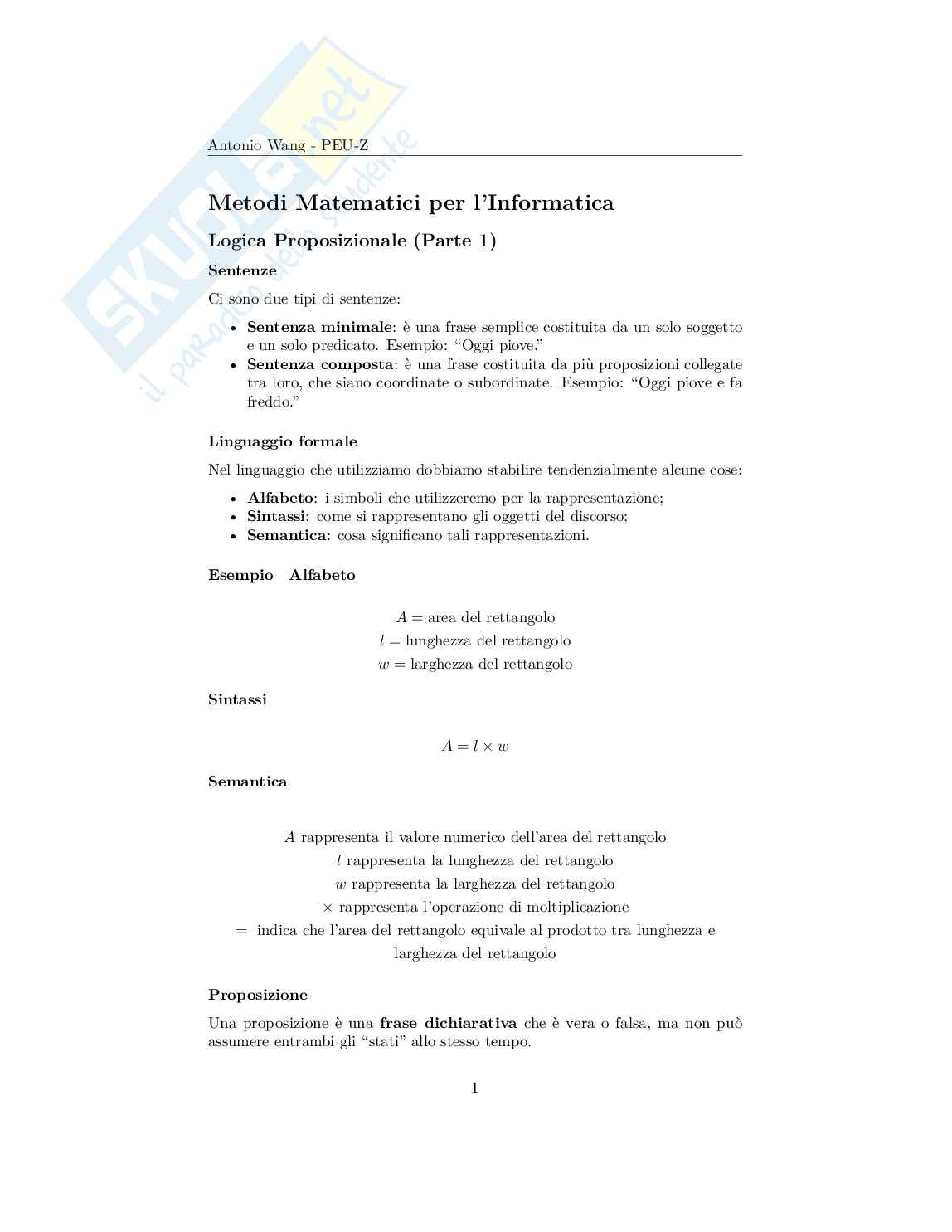 Metodi matematici per l'informatica – Appunti logica, insiemi e induzione, appunti di logica matematica Pag. 1